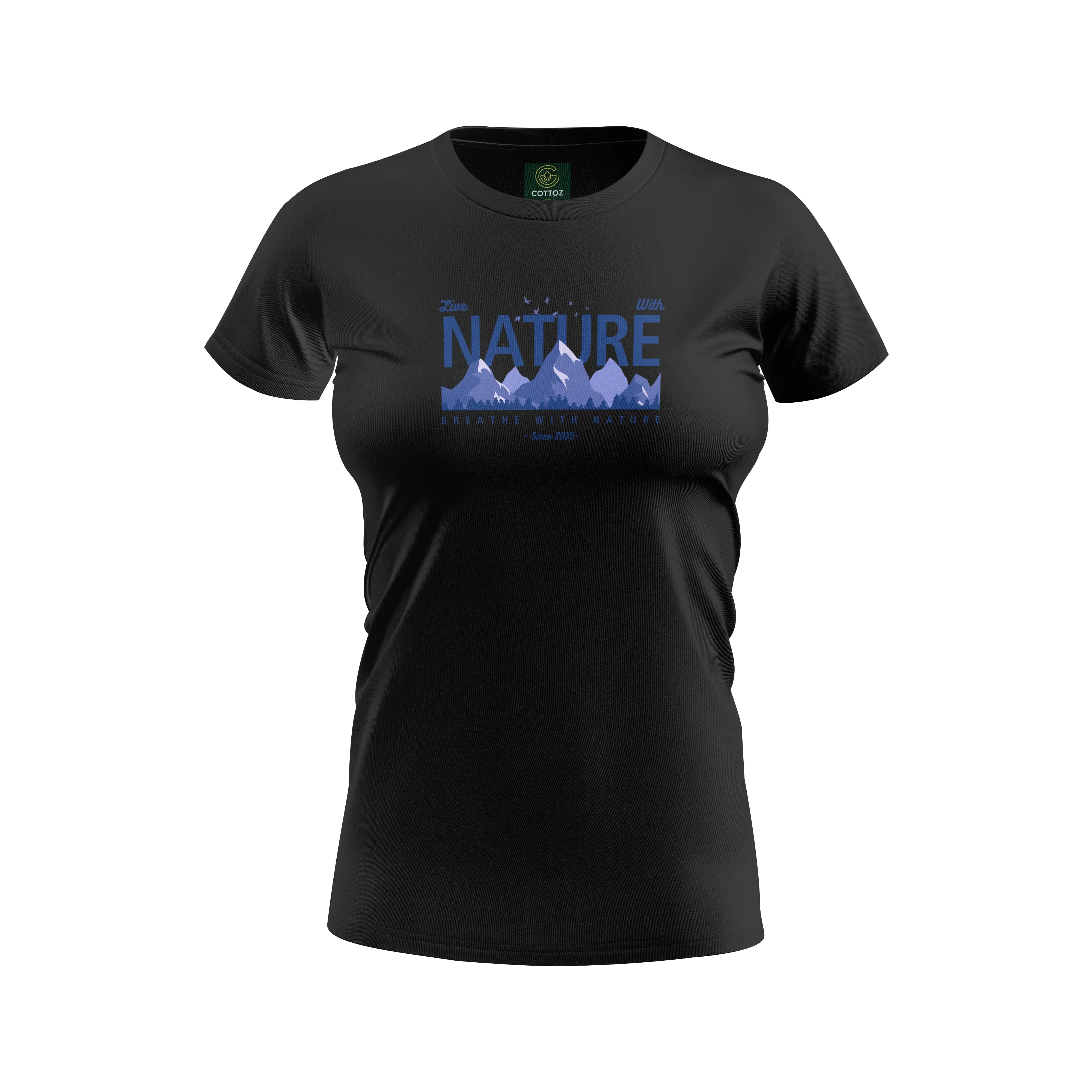 Black t-shirt with blue graphic design on a white background