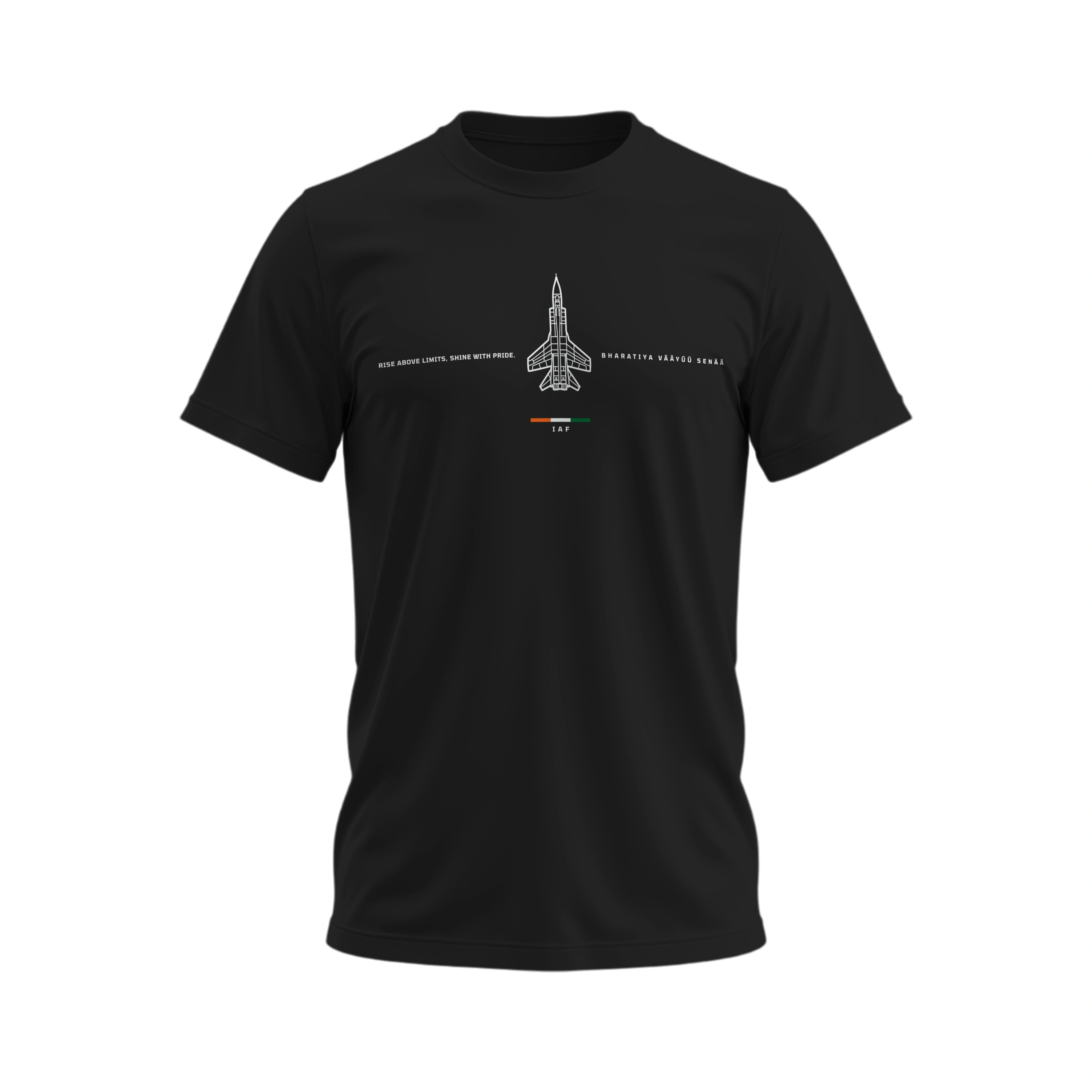 Black t-shirt with a rocket graphic on a white background