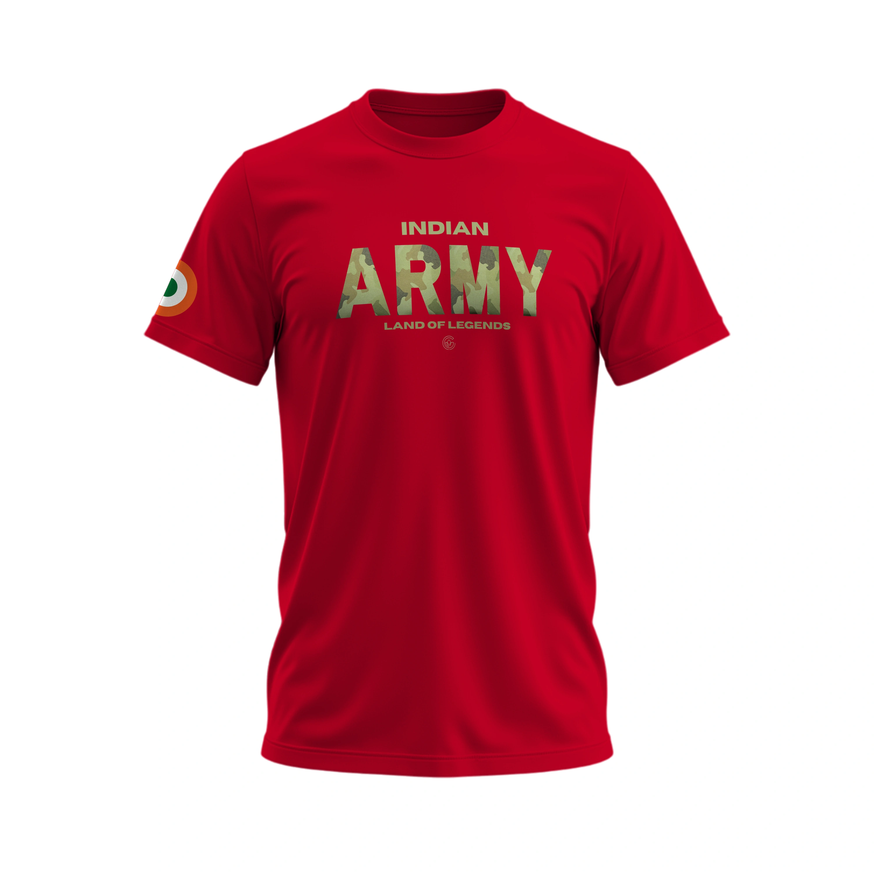 Red t-shirt with 'Indian Army Land of Legends' text on a white background