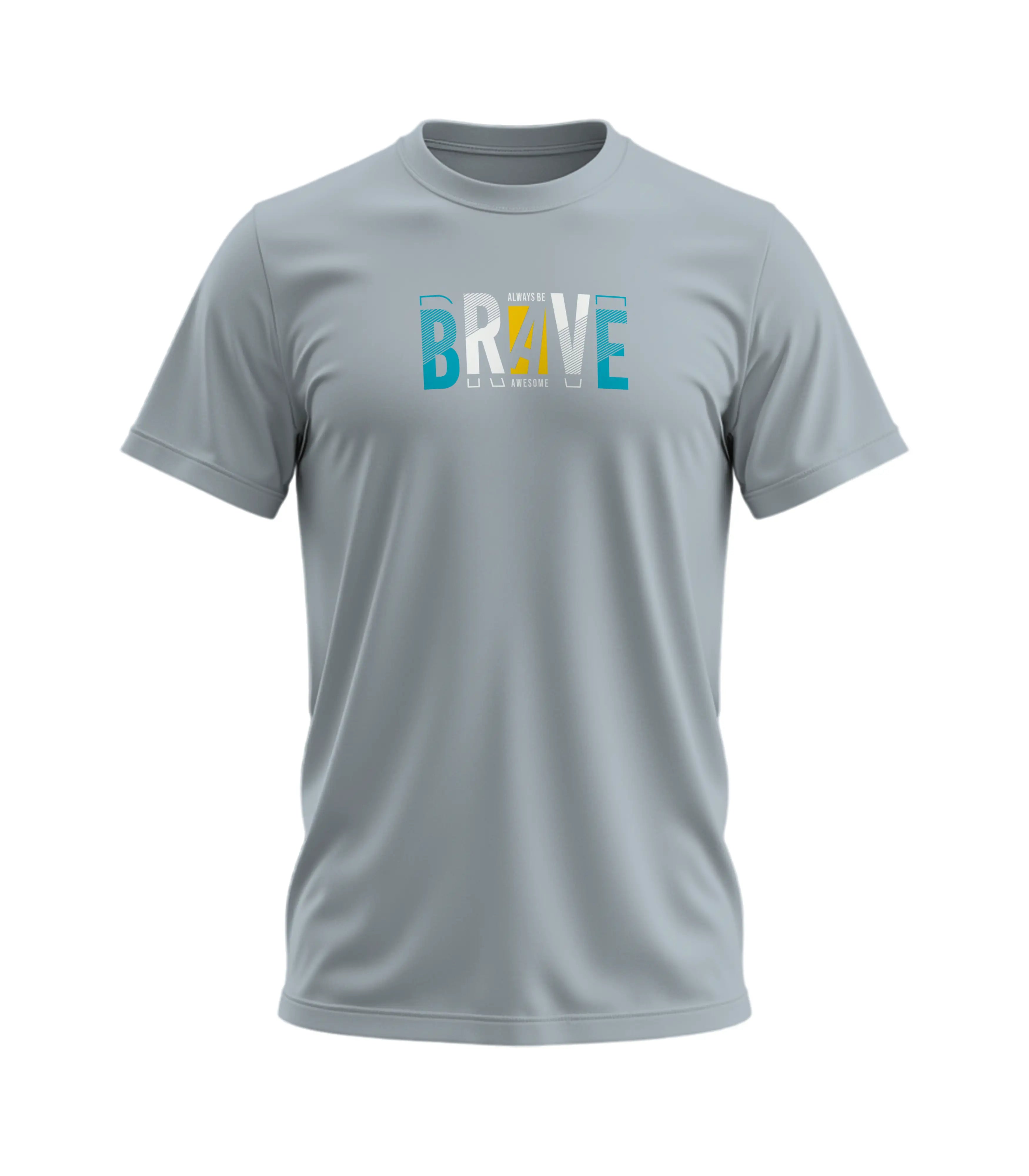 Gray t-shirt with 'BRVE' text on a white background