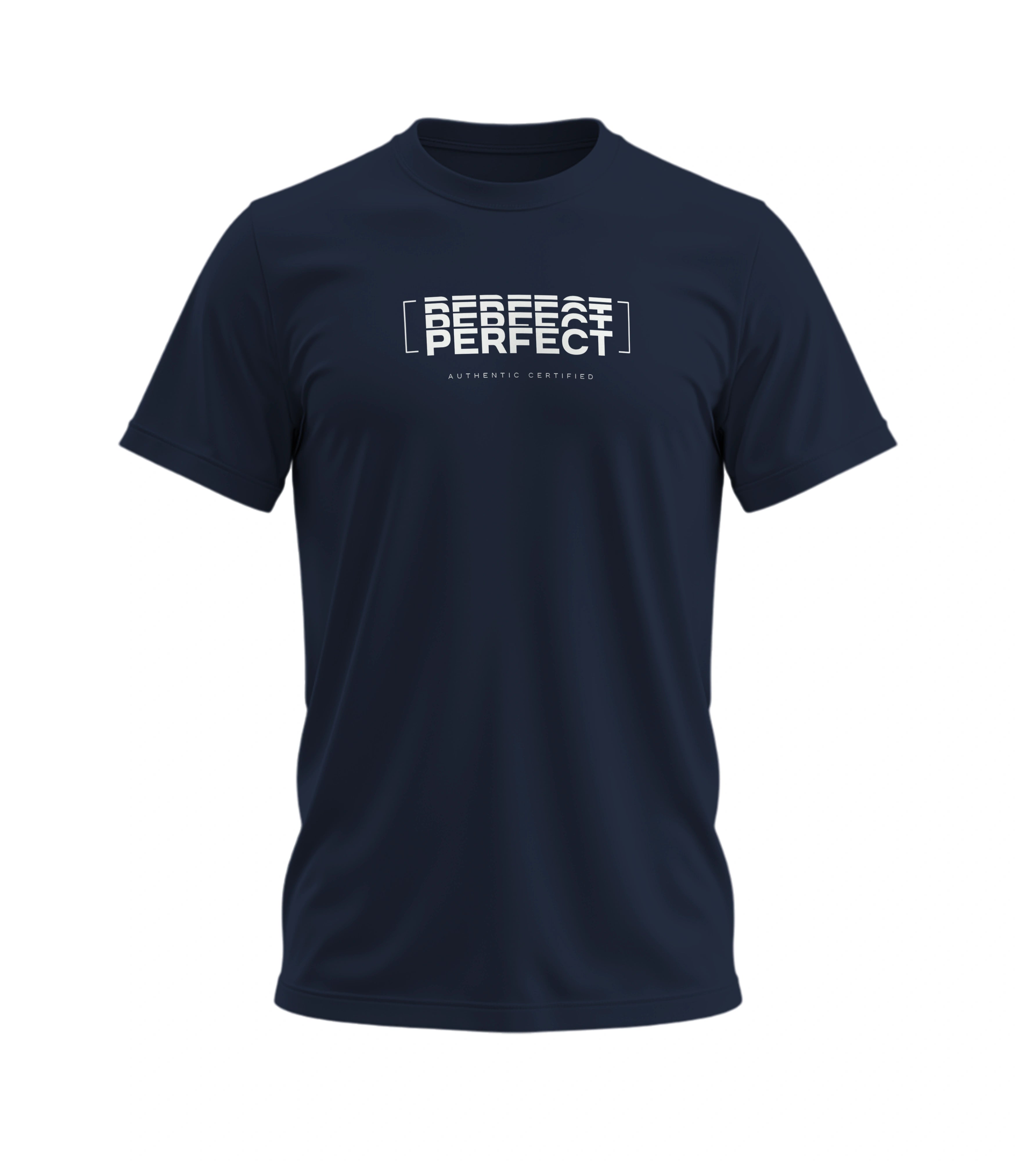 Navy blue t-shirt with white text on a white background