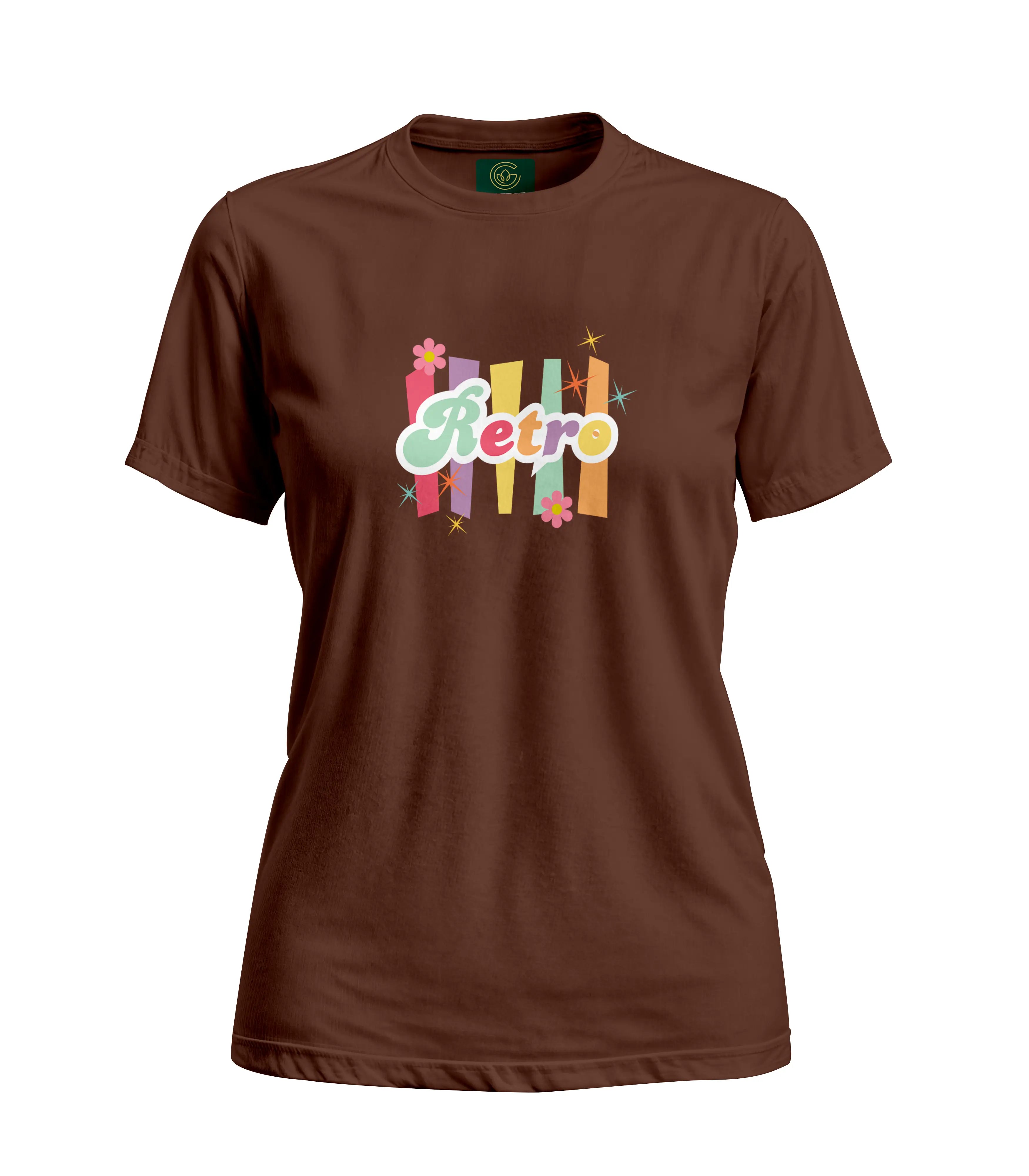 Brown t-shirt with colorful 'Retro' design on a white background