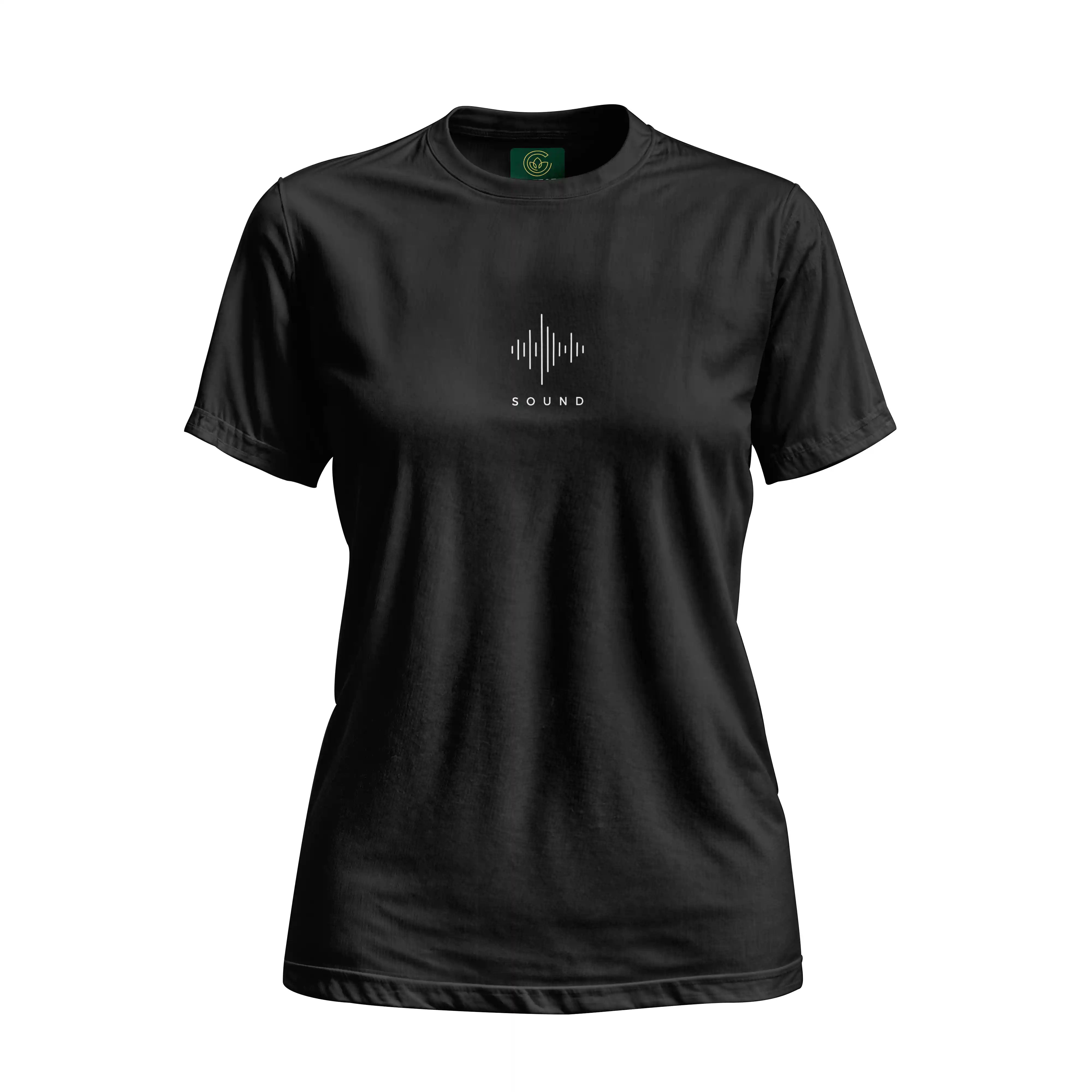 Black t-shirt with a sound wave design and 'SOUND' text on a white background