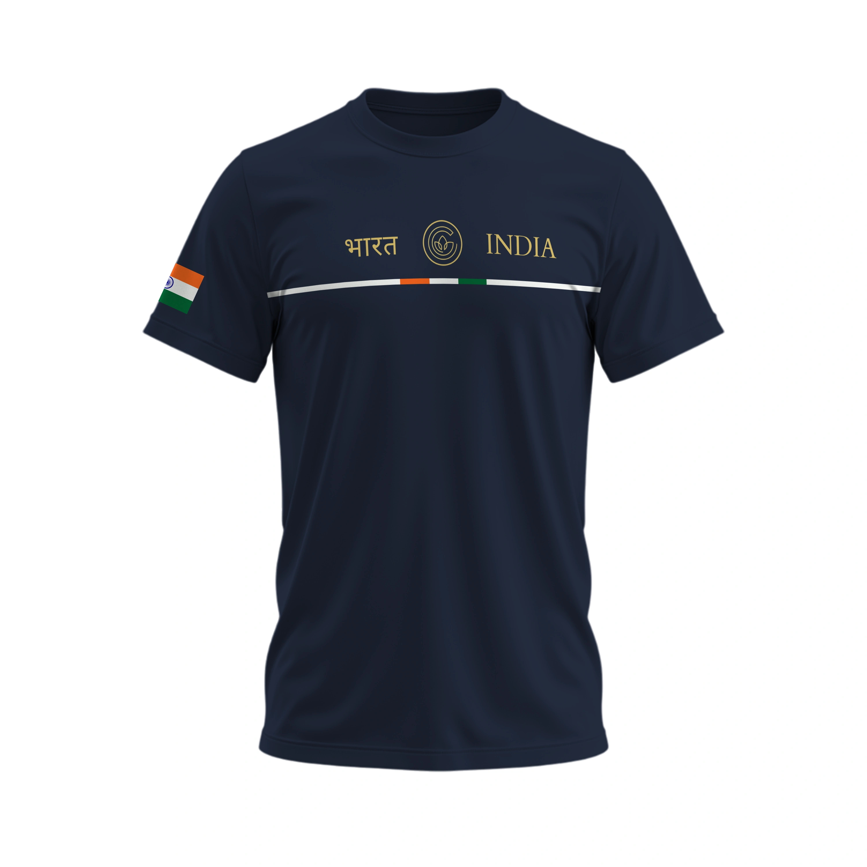 Navy blue t-shirt with 'INDIA' text and flag design on a white background
