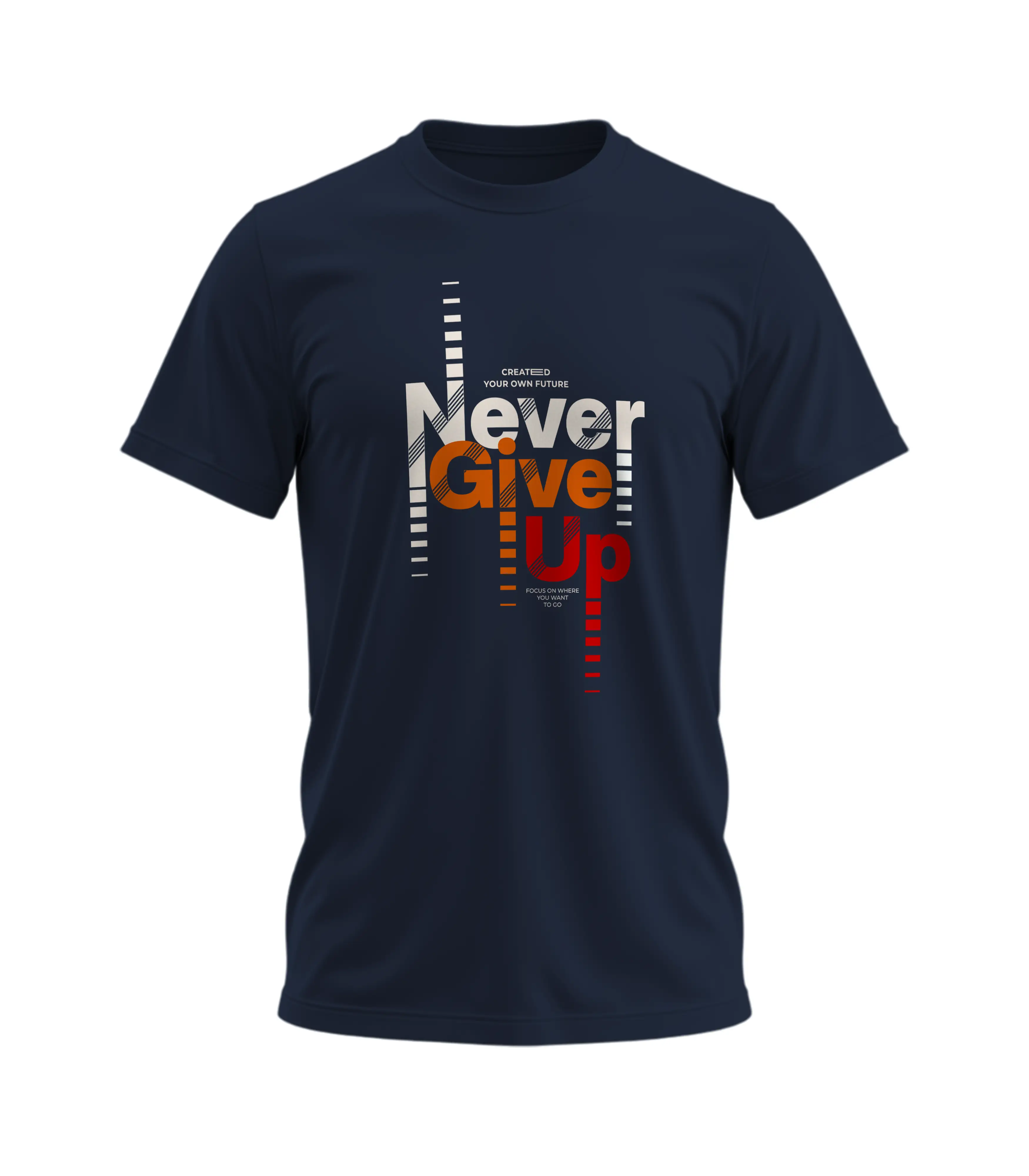 Navy blue t-shirt with 'Never Give Up' motivational quote on a white background