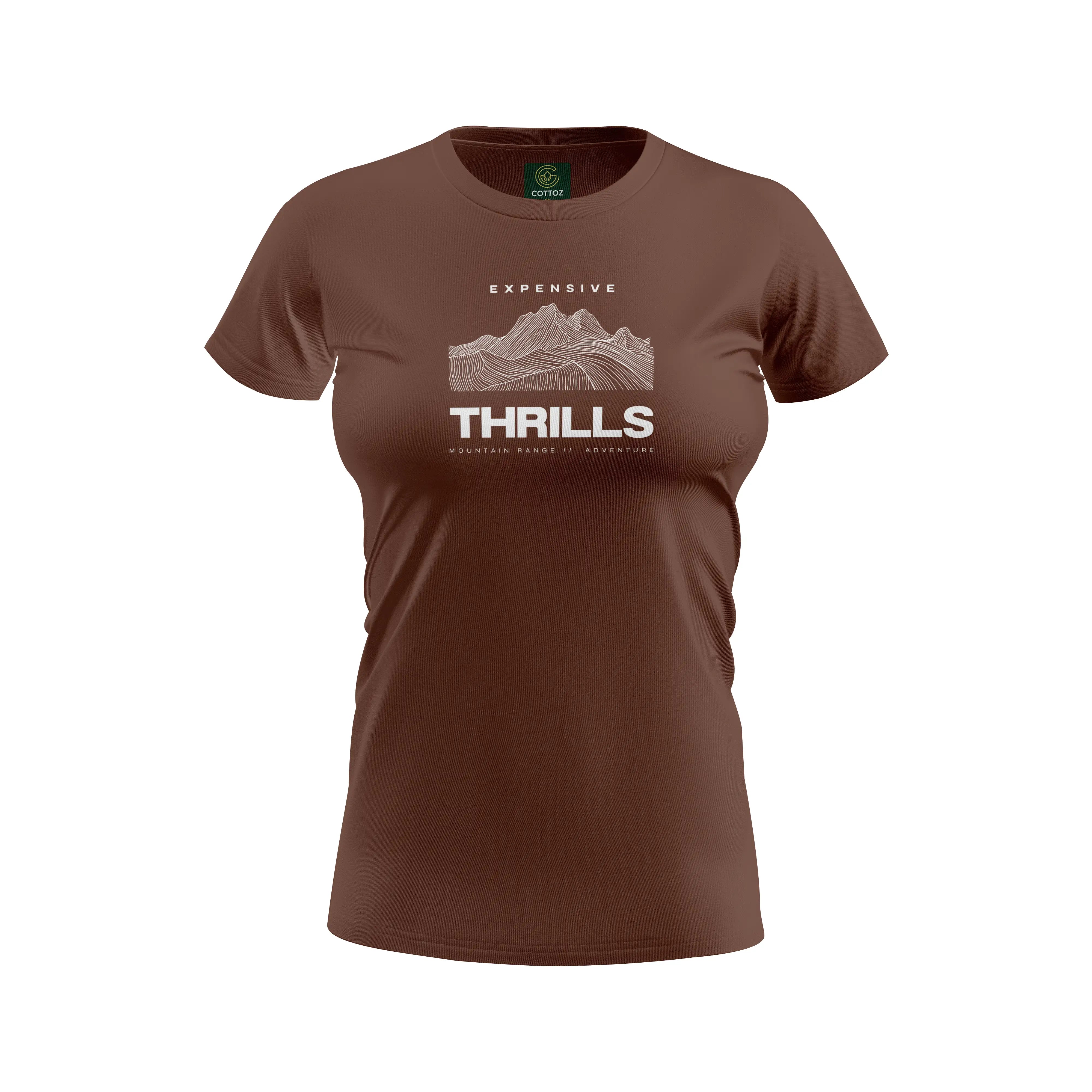 Brown t-shirt with 'Expensive Thrills' graphic design on a white background
