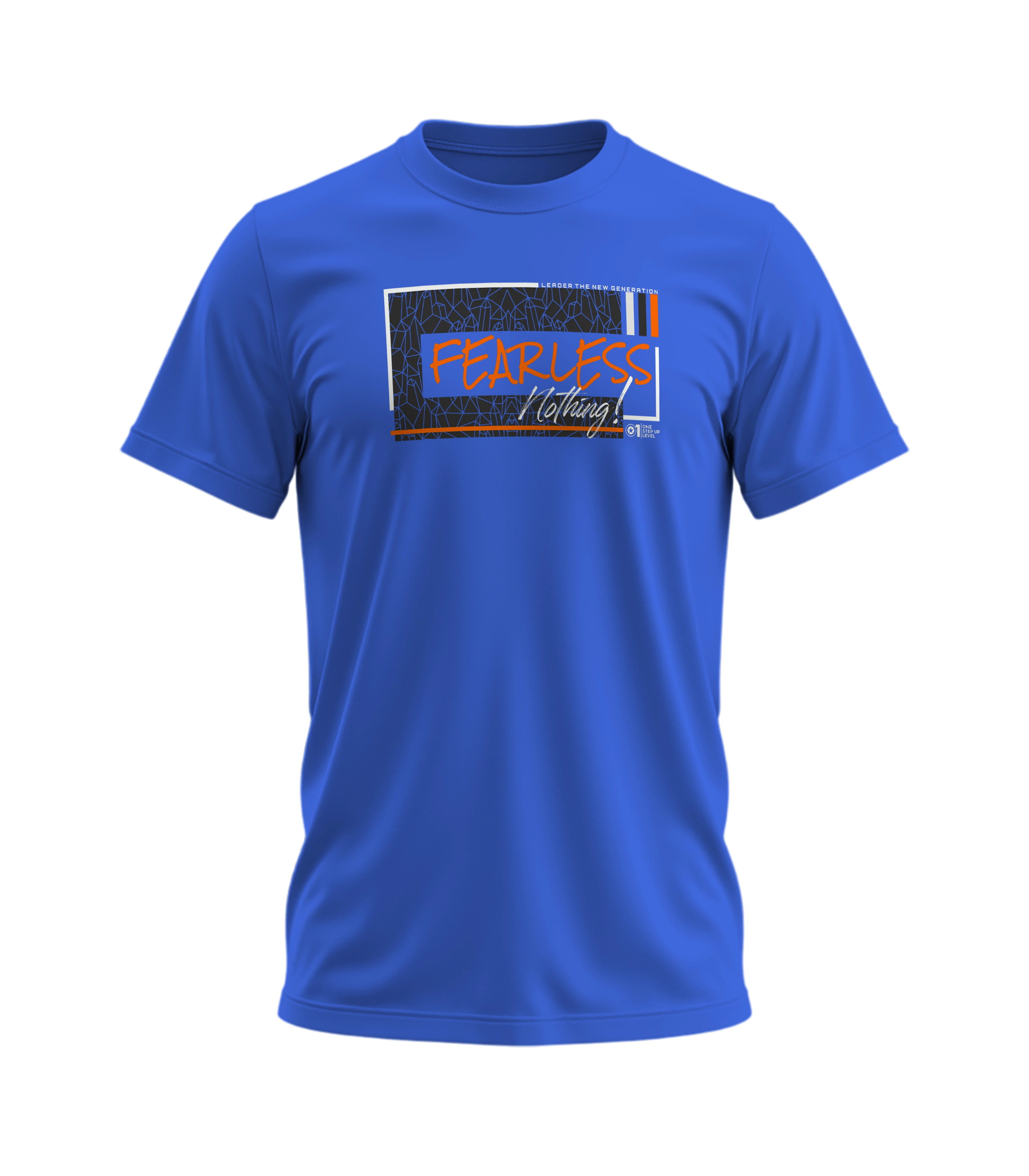 Blue t-shirt with 'Fearless' text on a white background