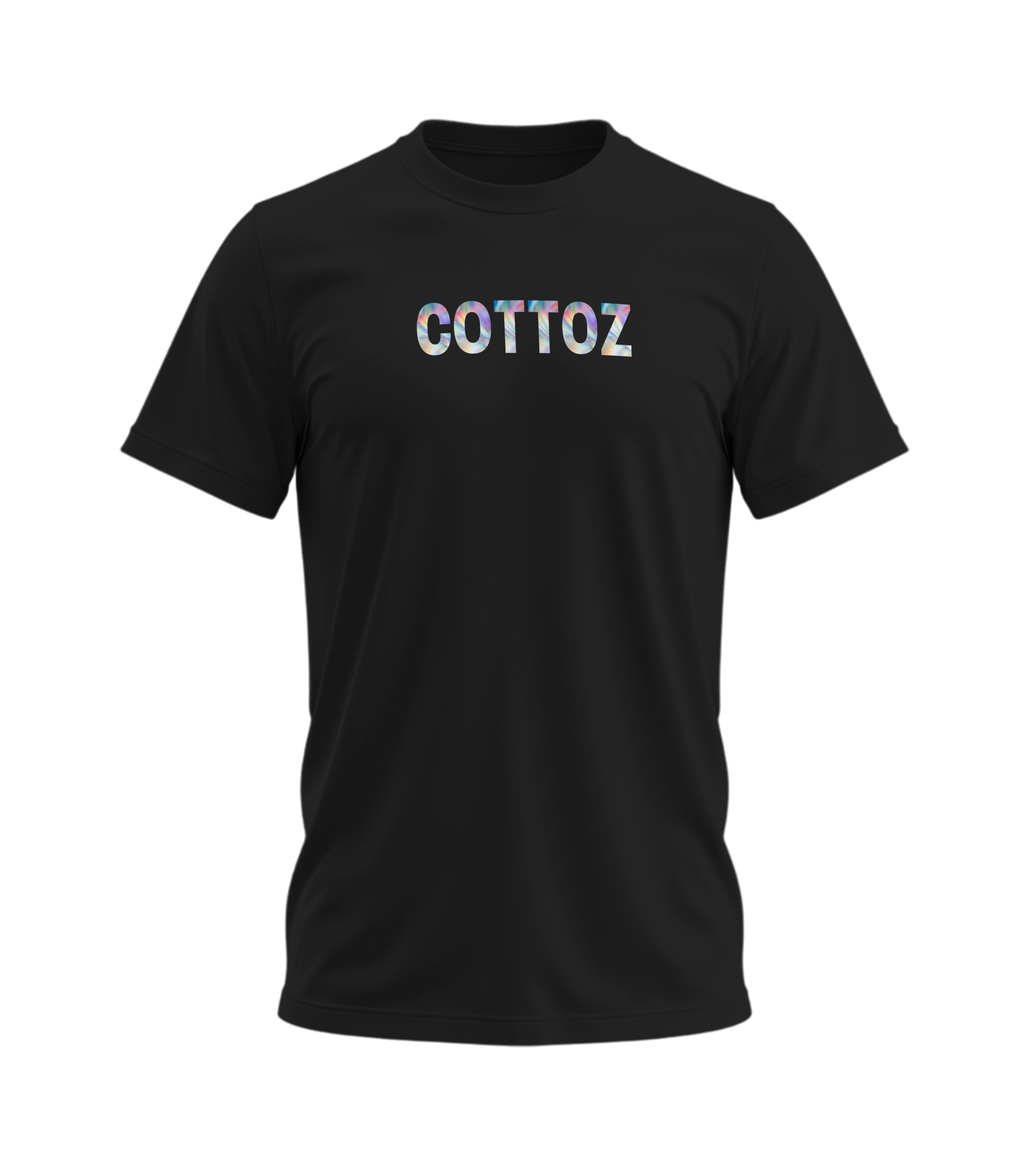 Black t-shirt with 'COTTOZ' text on a white background