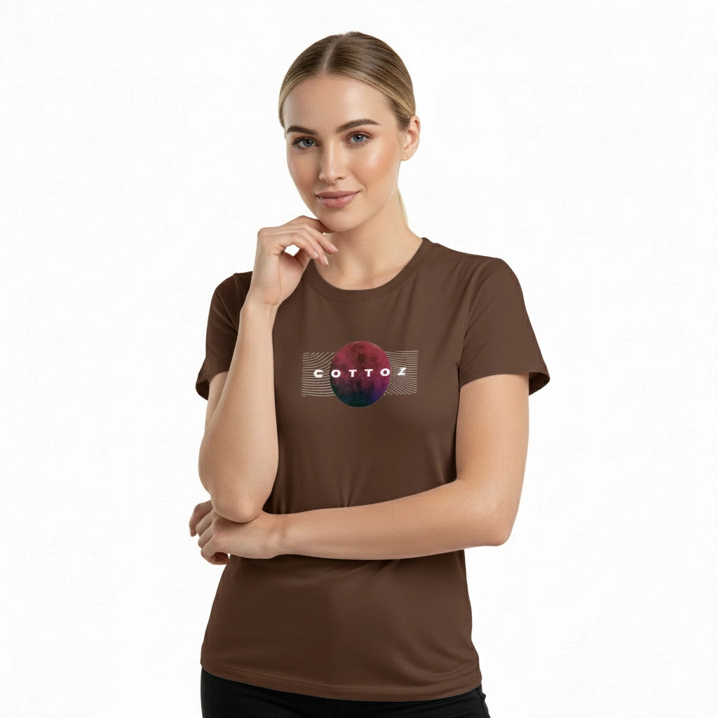 Woman wearing a brown t-shirt with a logo on a white background