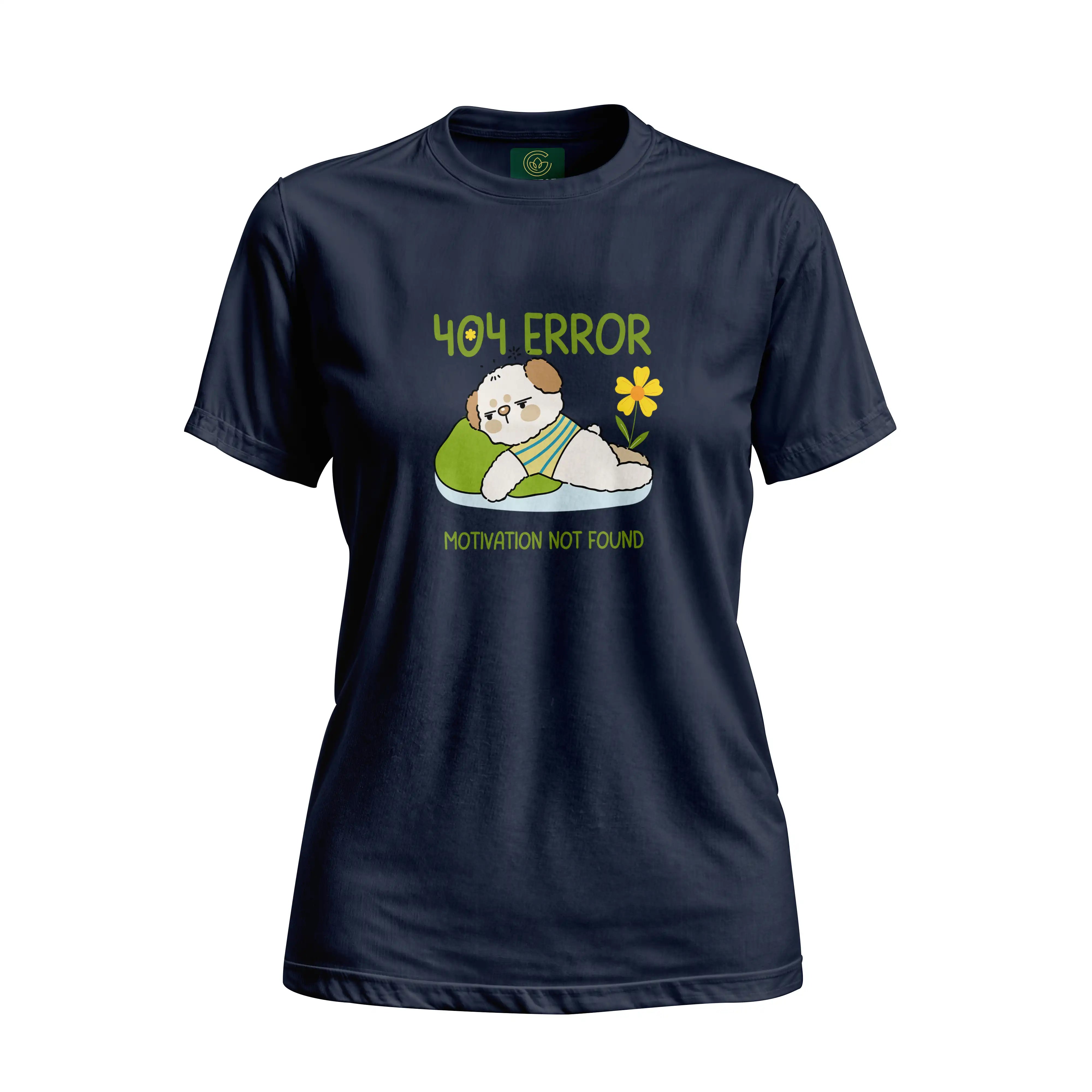 Navy blue t-shirt with a graphic of a dog and text '404 Error Motivation Not Found' on a white background