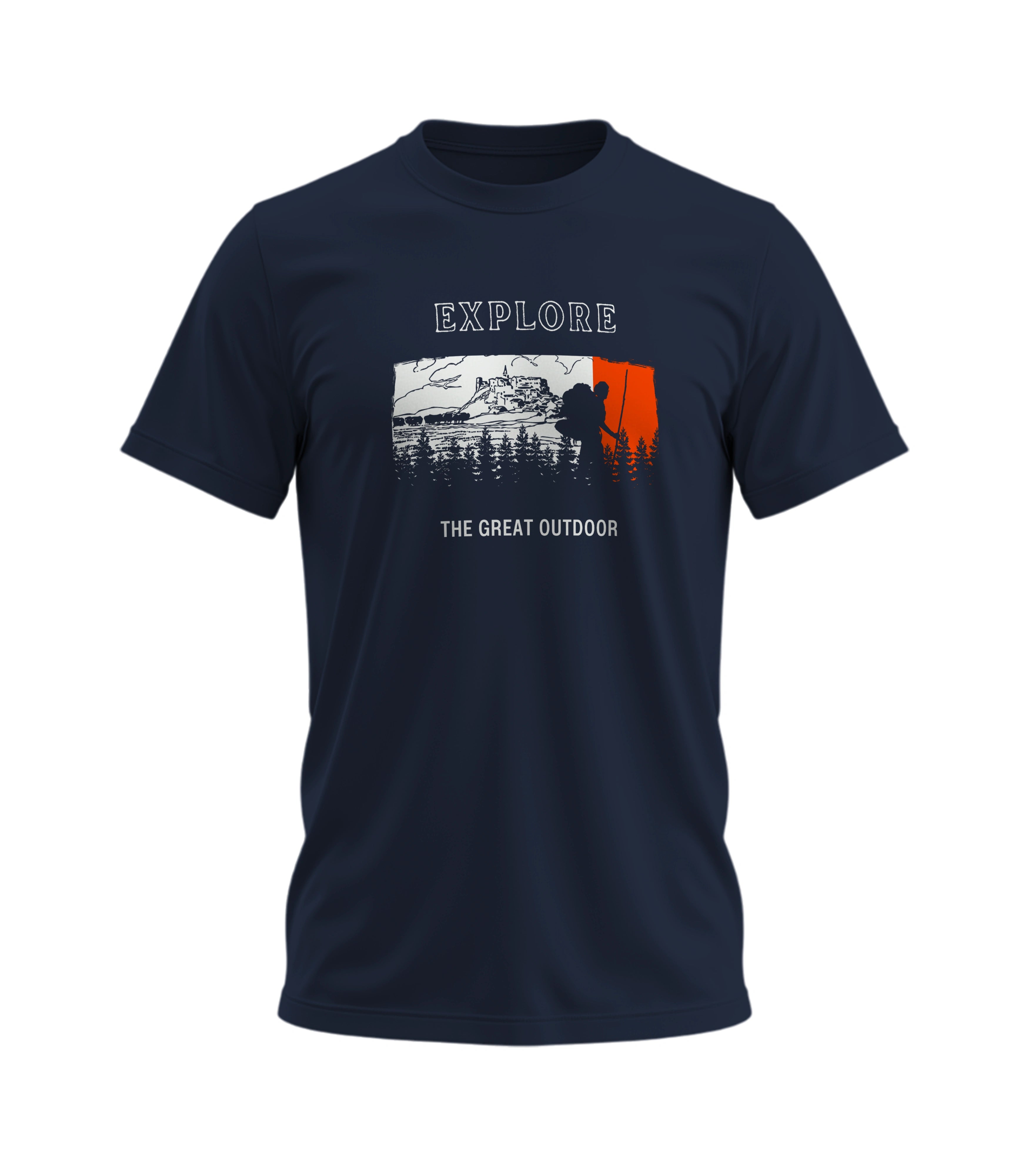 Navy blue t-shirt with outdoor graphic and 'Explore The Great Outdoors' text on a white background