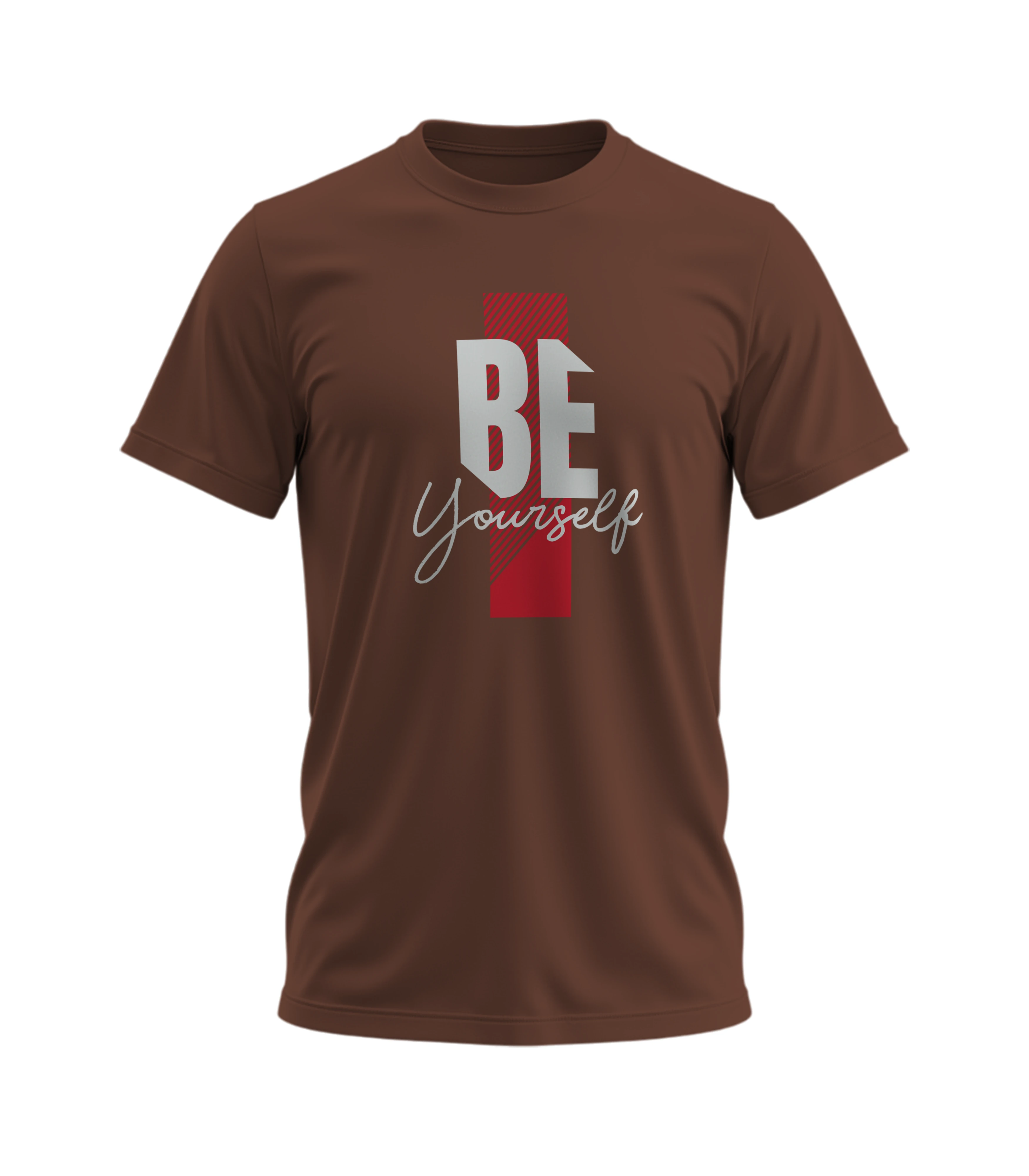 Brown t-shirt with 'BE Yourself' text design on a white background