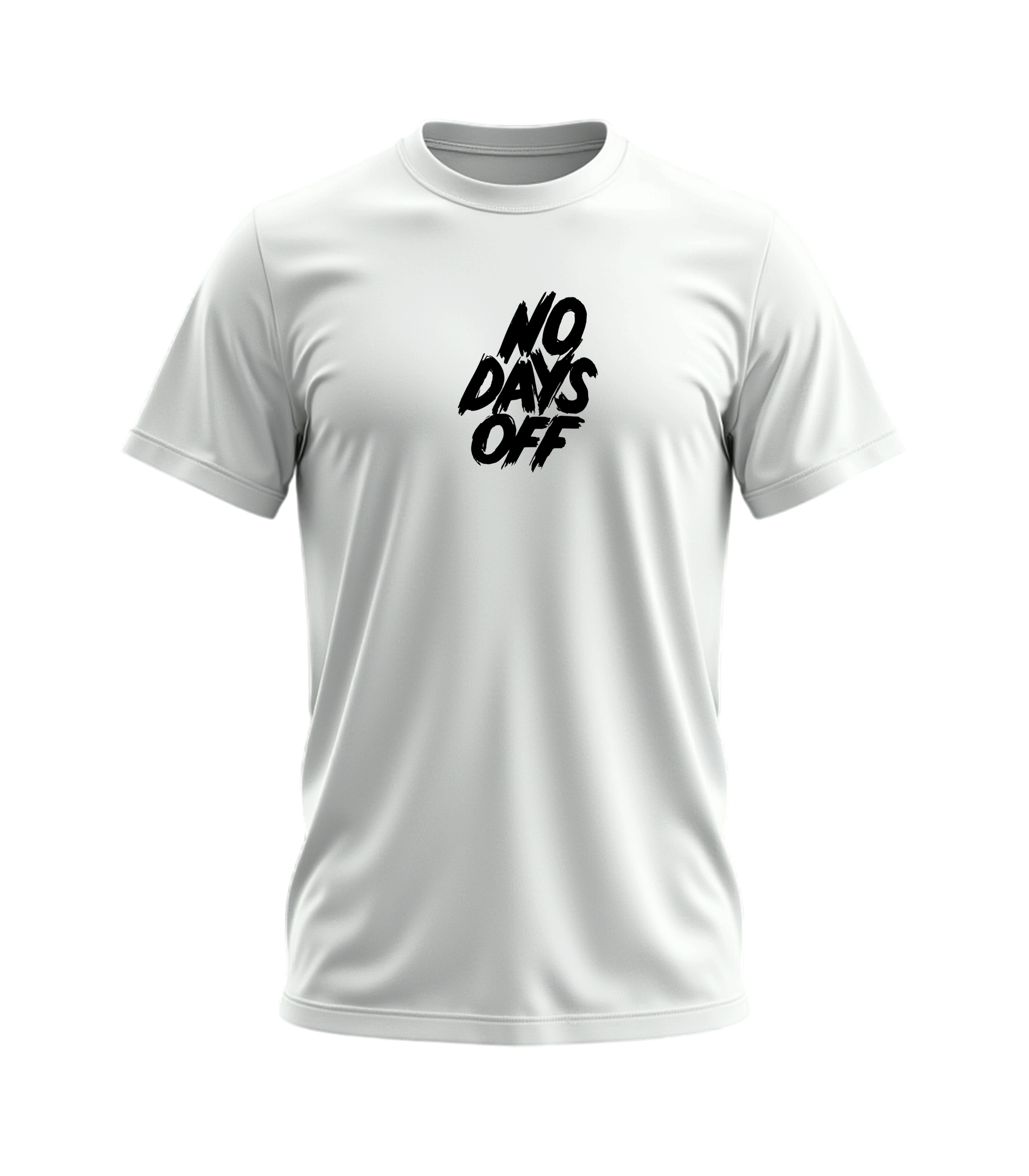 White t-shirt with 'NO DAYS OFF' text on a white background