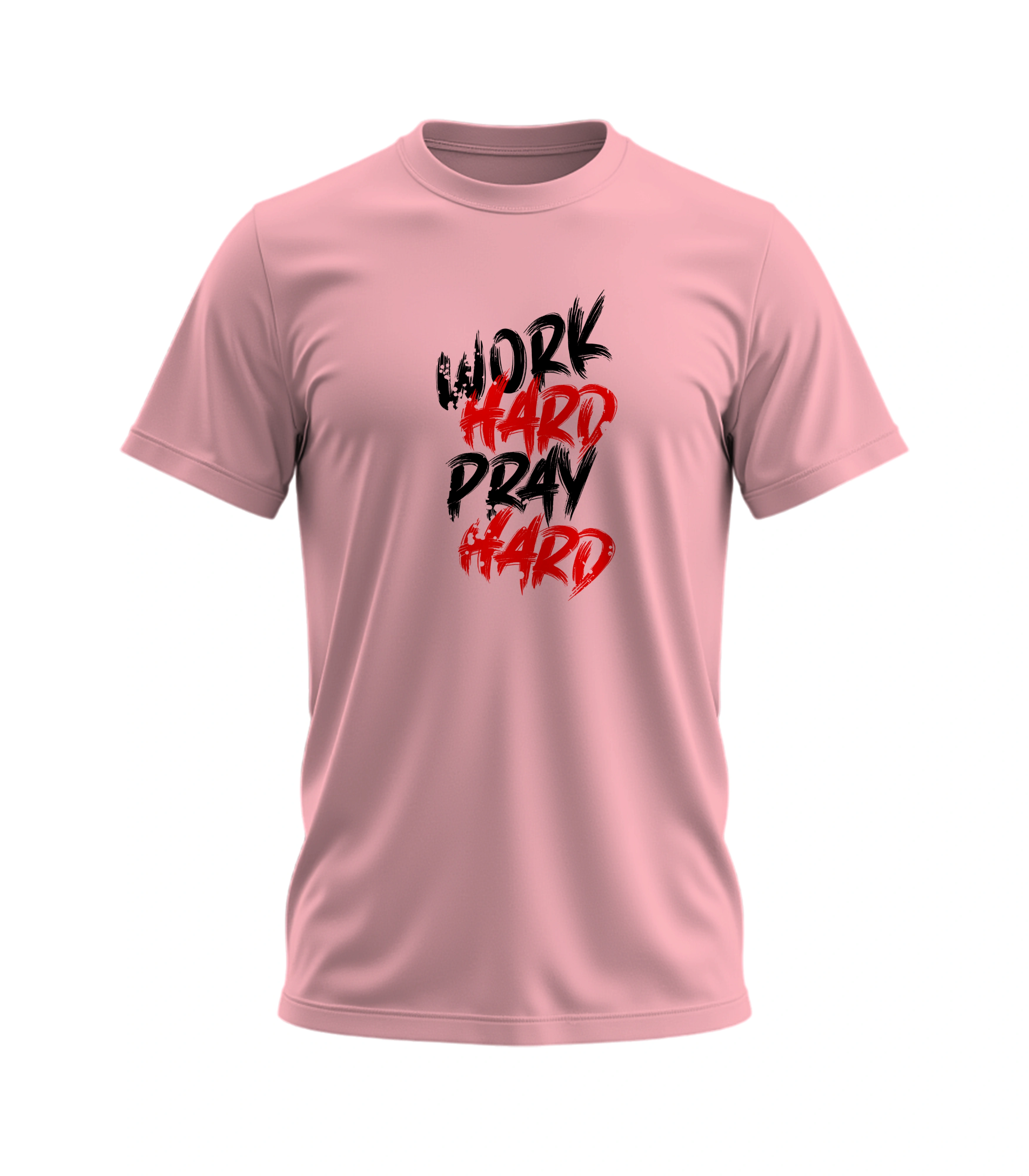 Pink t-shirt with 'Work Hard Pray Hard' text on a white background