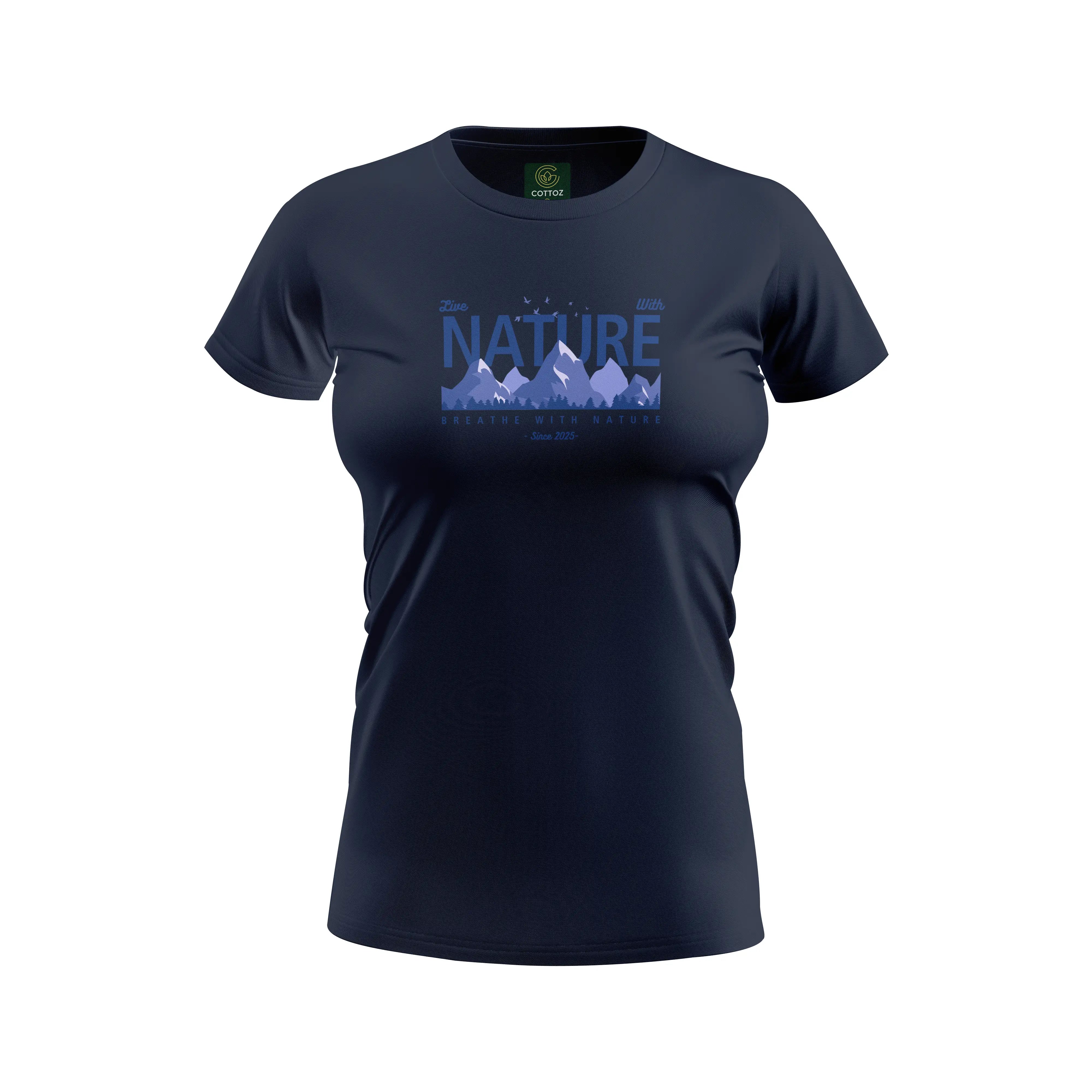 Navy blue t-shirt with 'NATURE' and mountain graphic on a white background