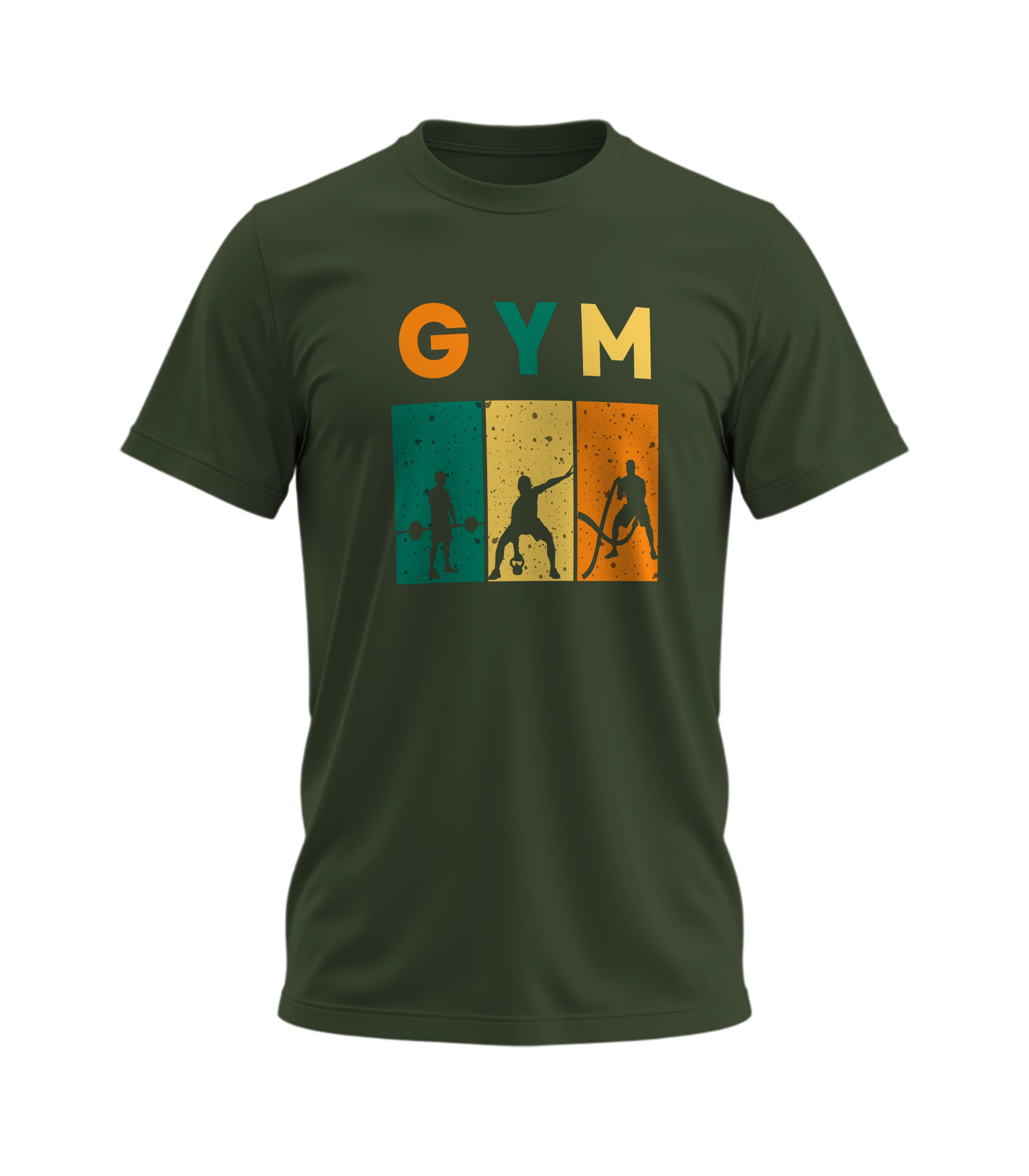 Green t-shirt with 'Gym' graphic design on a white background