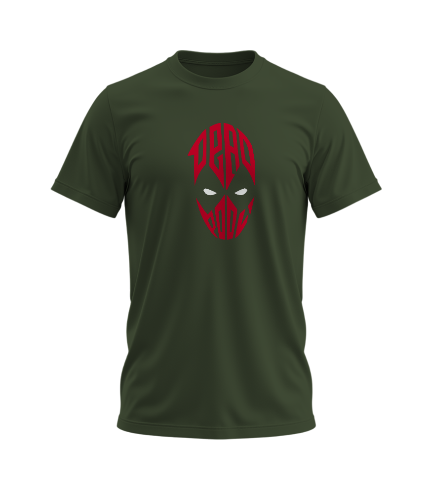 Green t-shirt with red graphic design on a white background