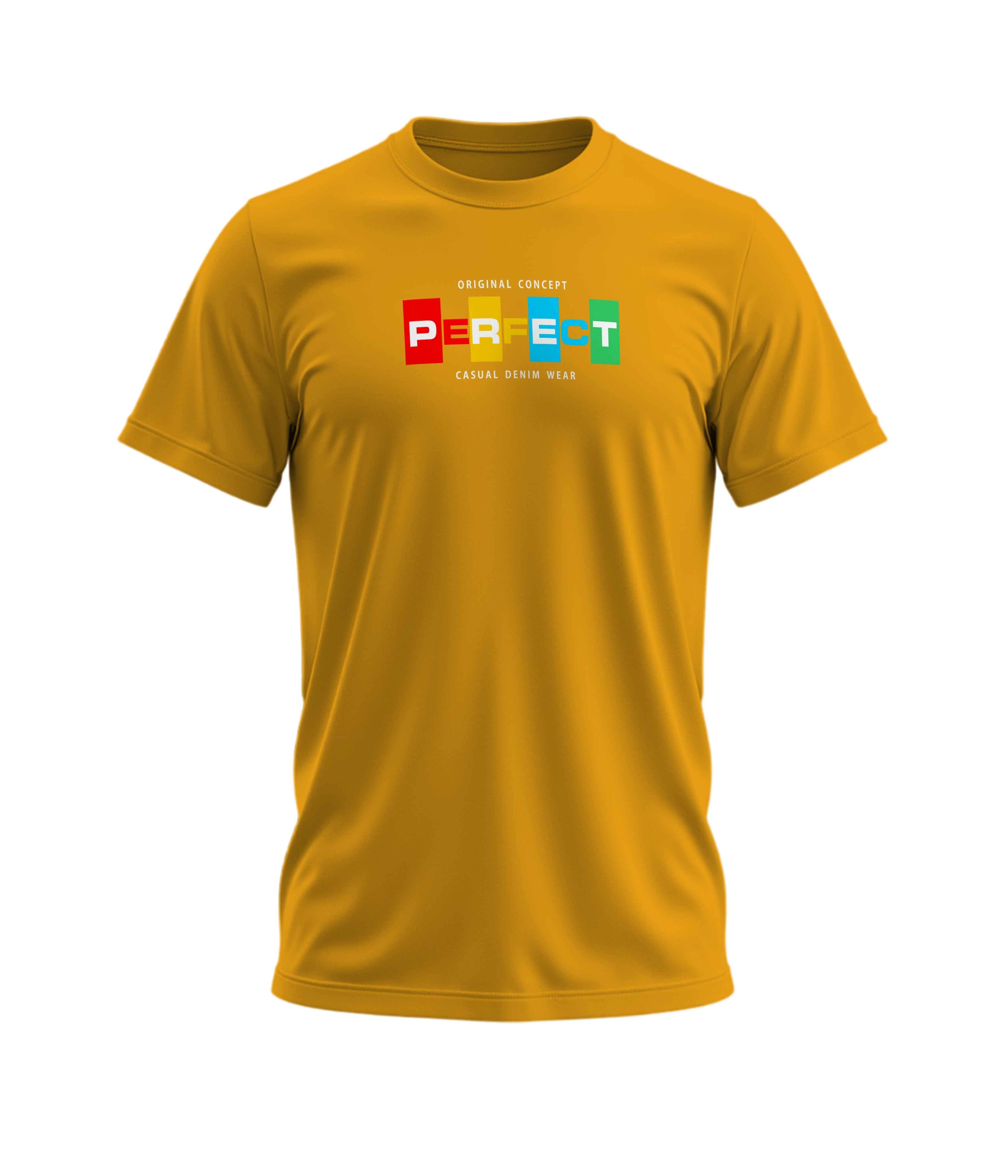 Yellow t-shirt with colorful 'PERFECT' logo on a white background