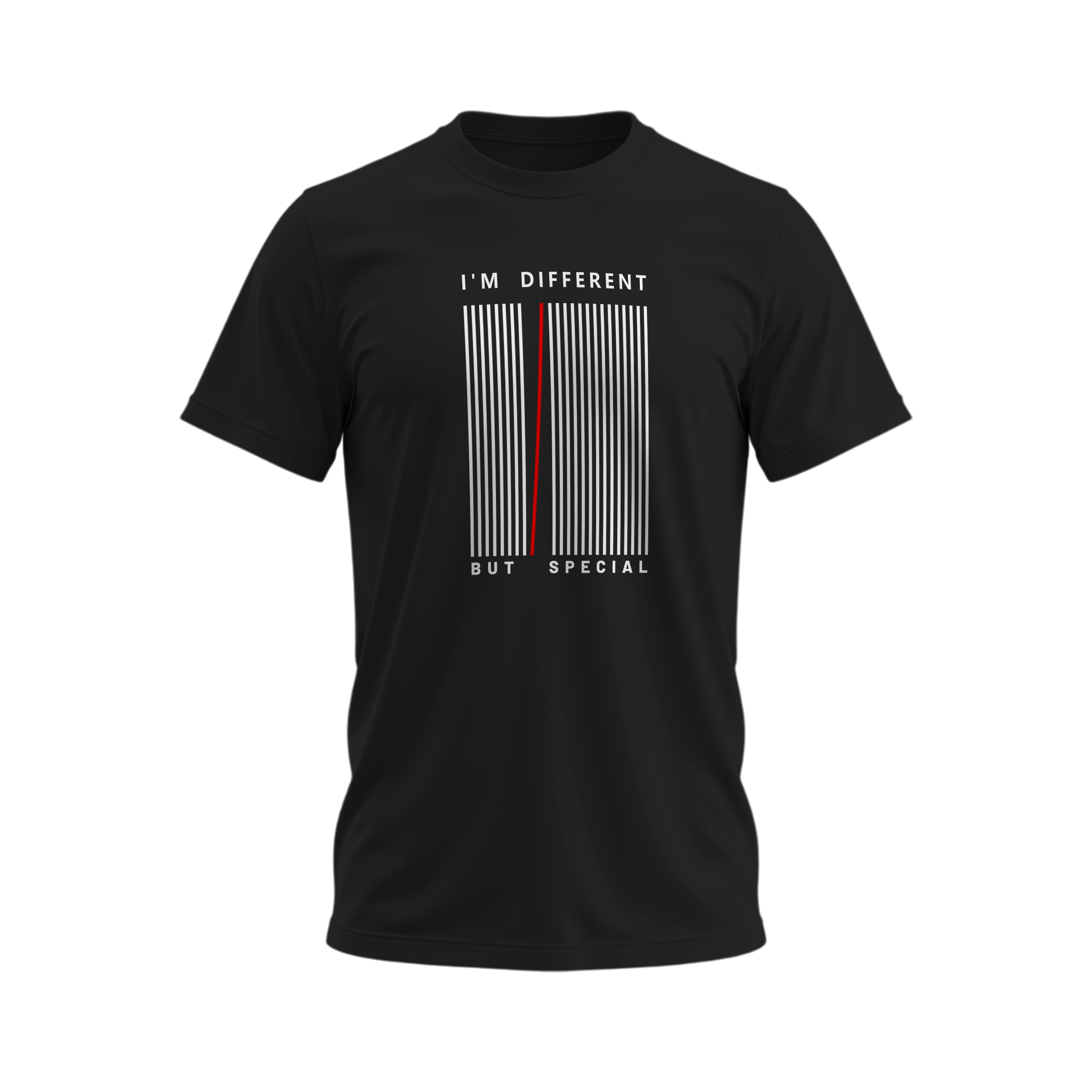 Black t-shirt with a barcode design and text on a white background
