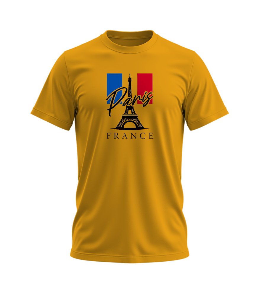 Yellow t-shirt with Paris and France design on a white background
