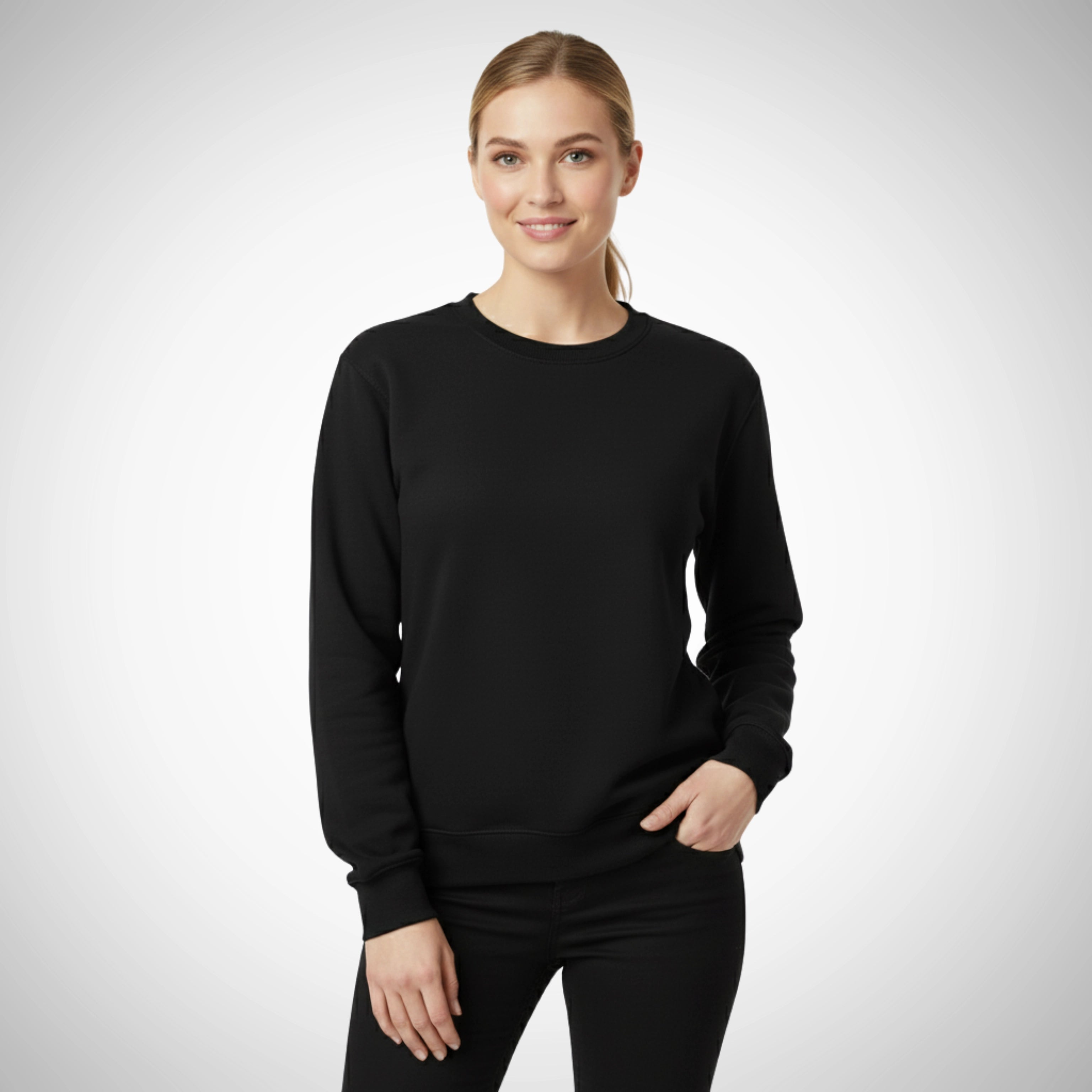 Woman wearing a black sweater on a white background