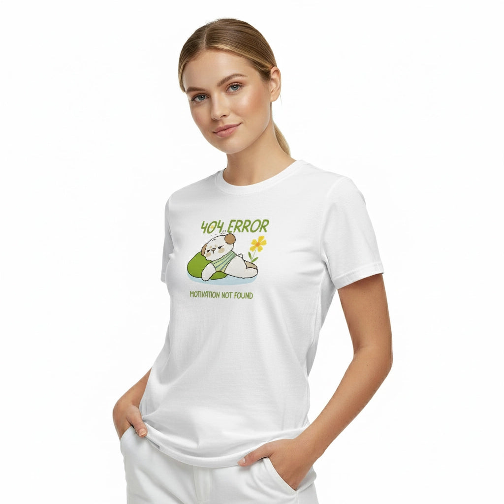 Woman wearing a white t-shirt with a graphic design on a white background