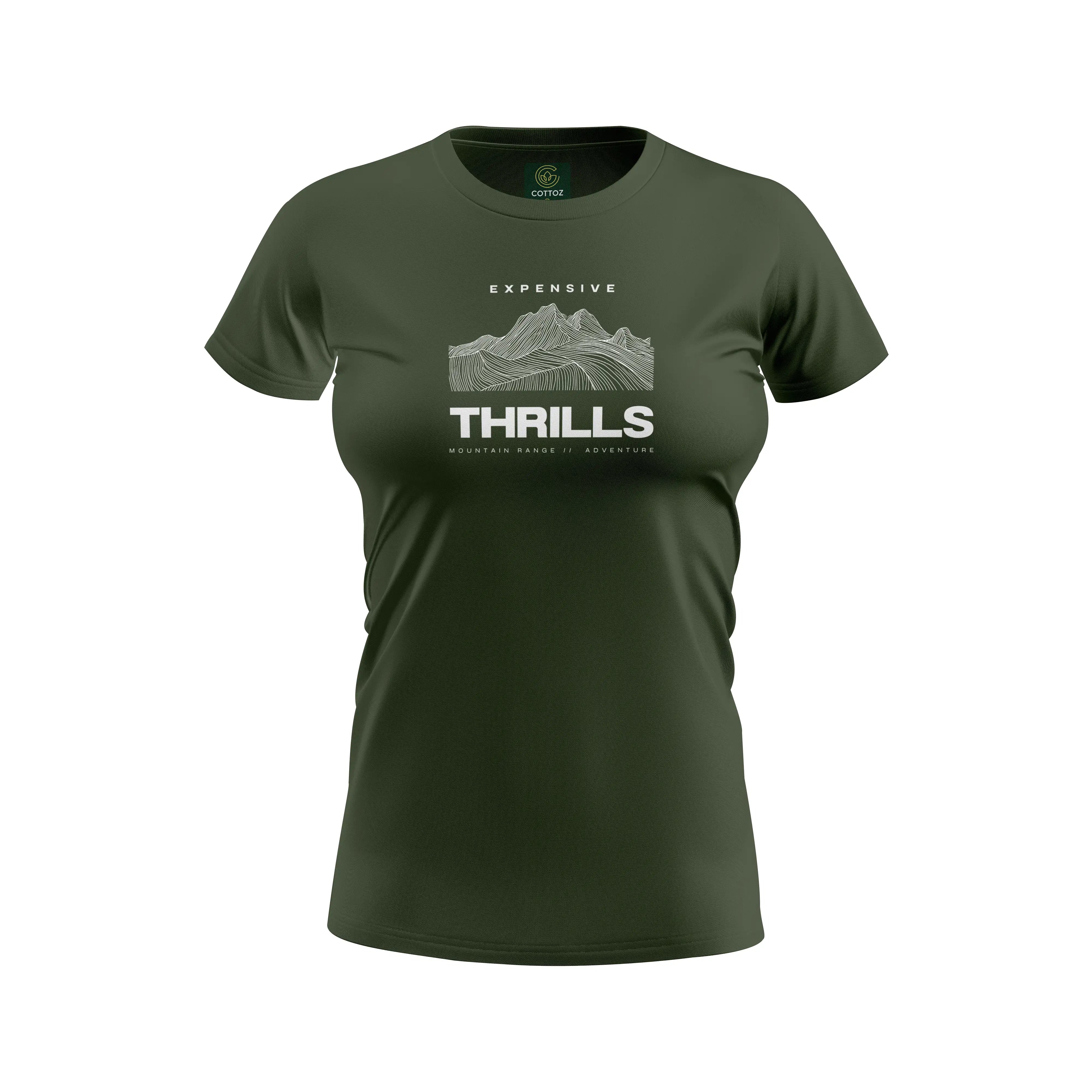 Green t-shirt with 'Expensive Thrills' text and mountain graphic on a white background