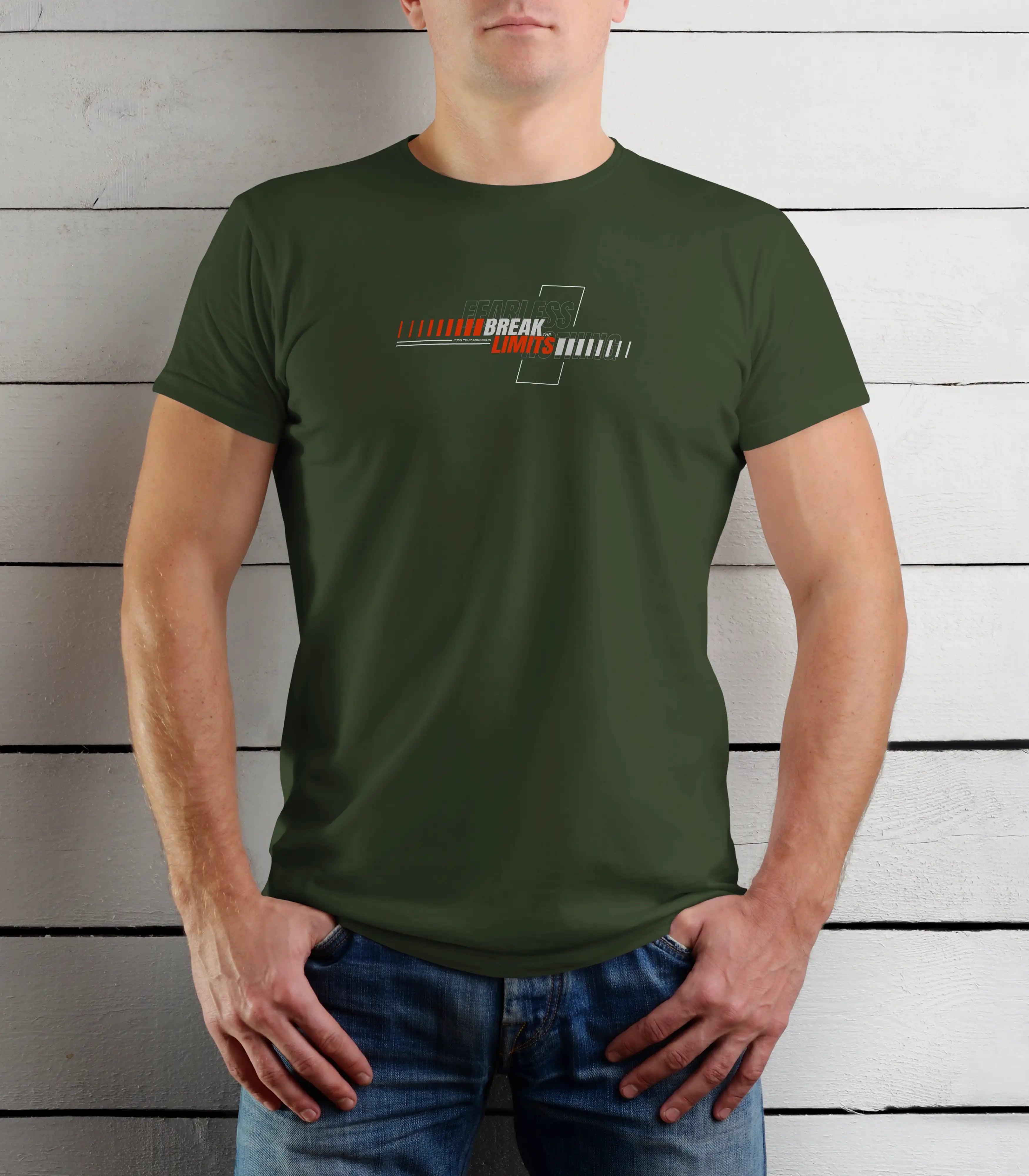 Person wearing a green t-shirt with a logo against a wooden background