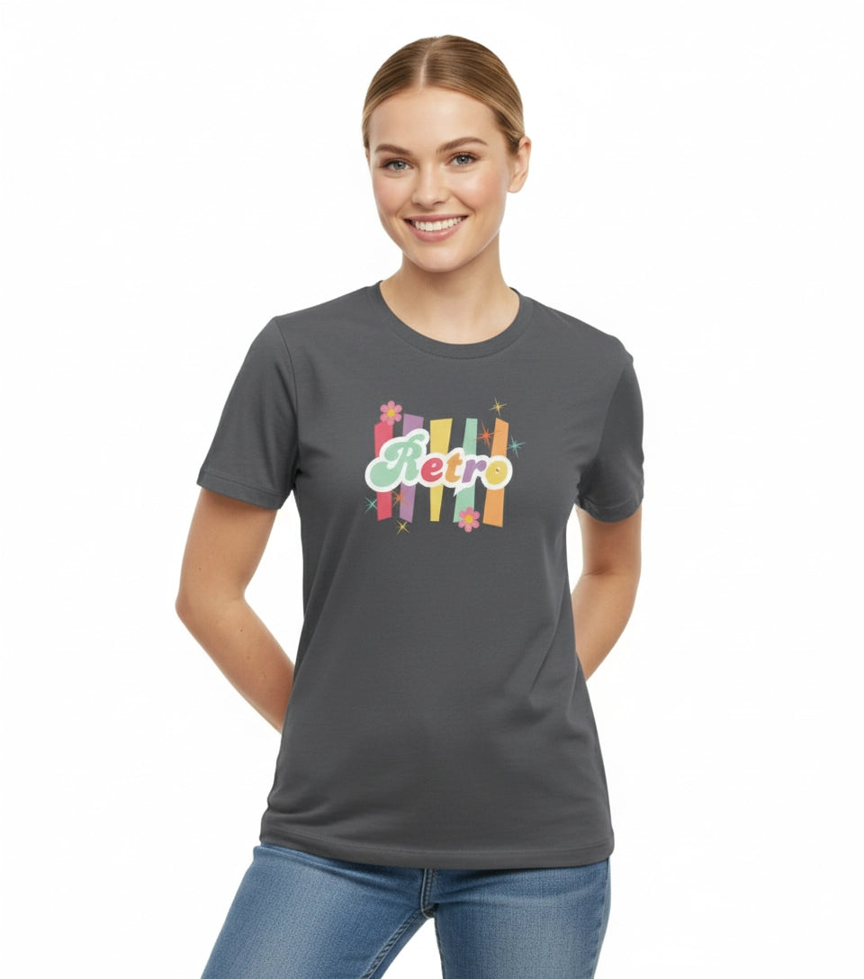 Woman wearing a gray t-shirt with 'Retro' design on a white background