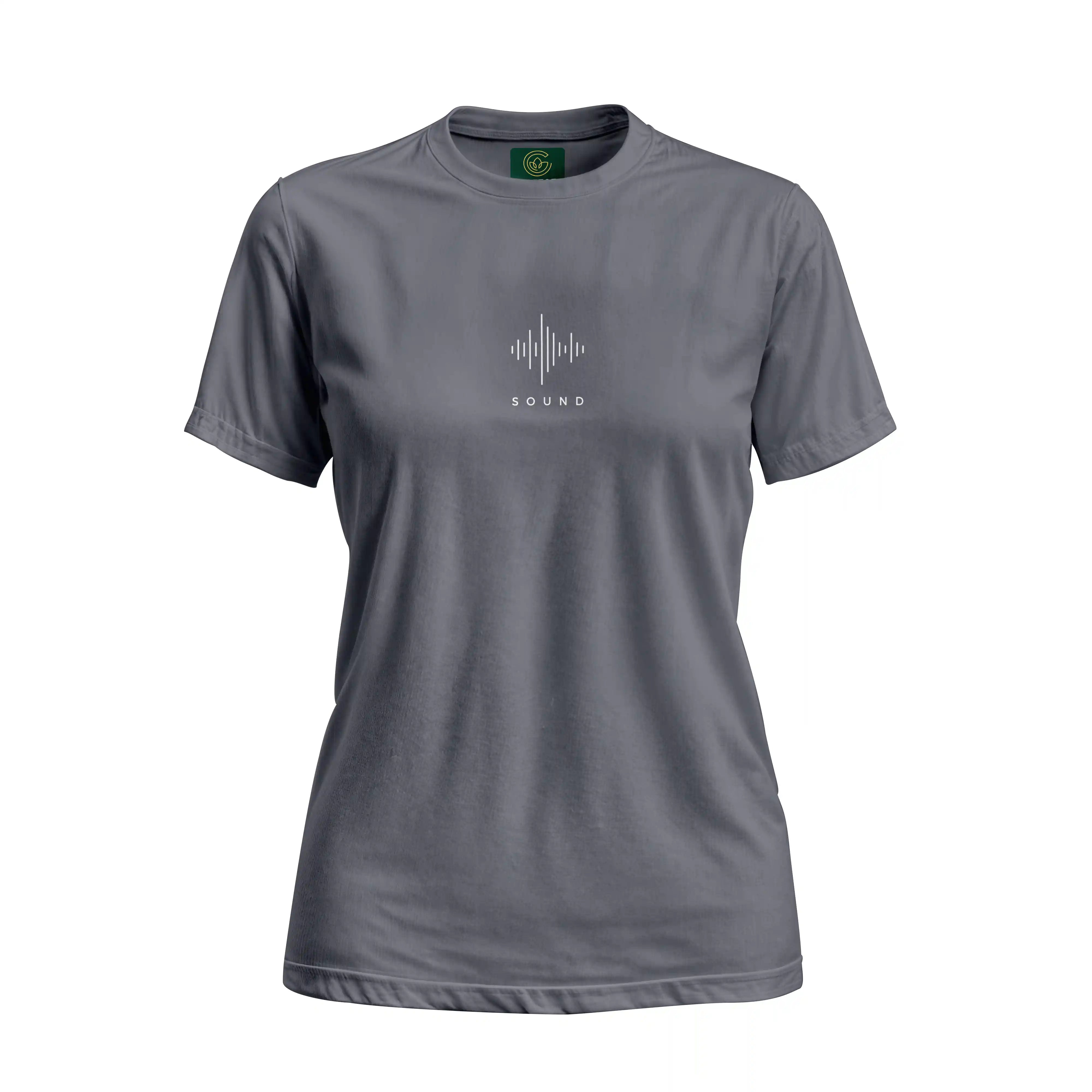 Gray t-shirt with a sound wave design and 'SOUND' text on a white background