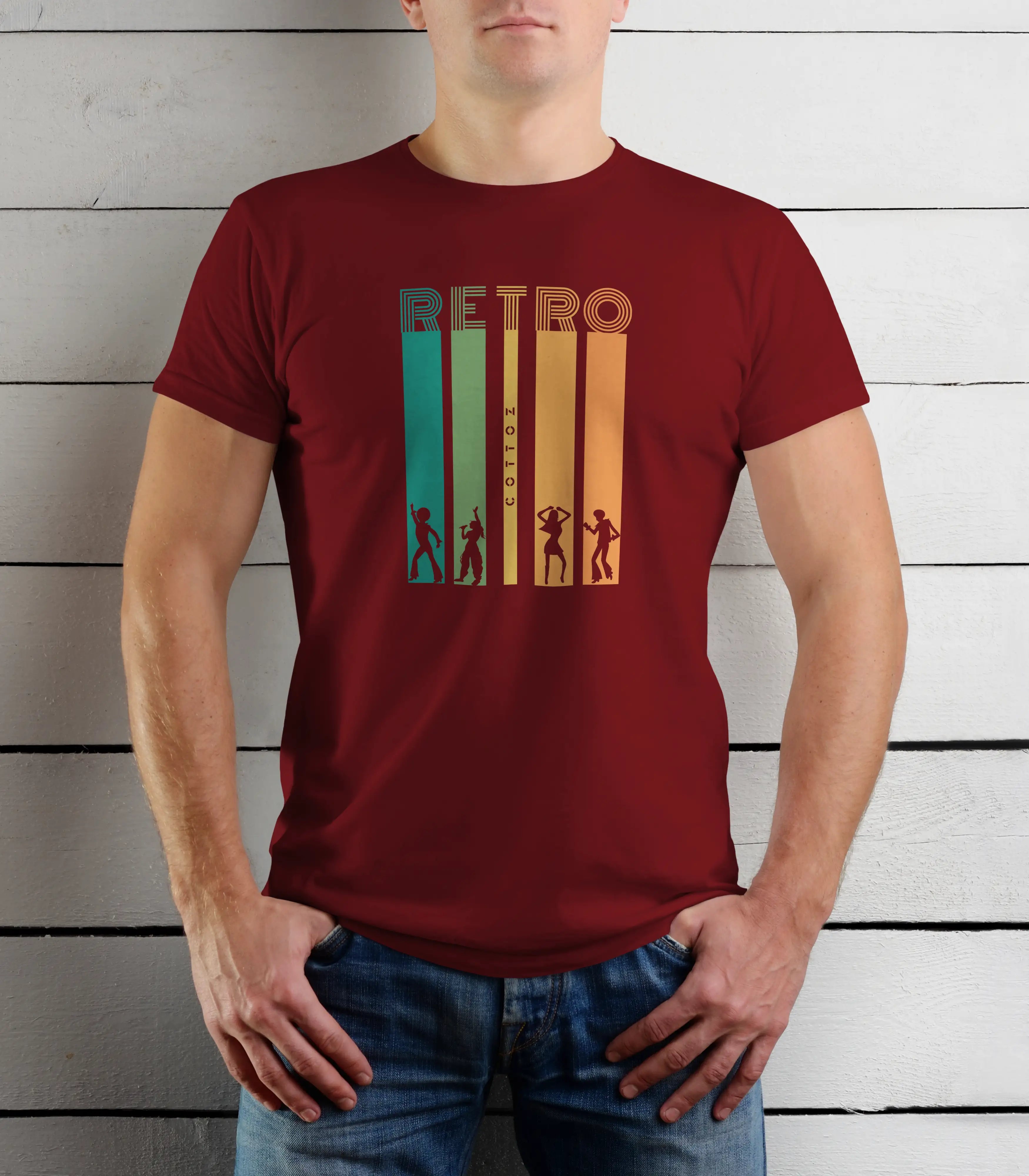 Person wearing a maroon t-shirt with 'Retro' design against a wooden background