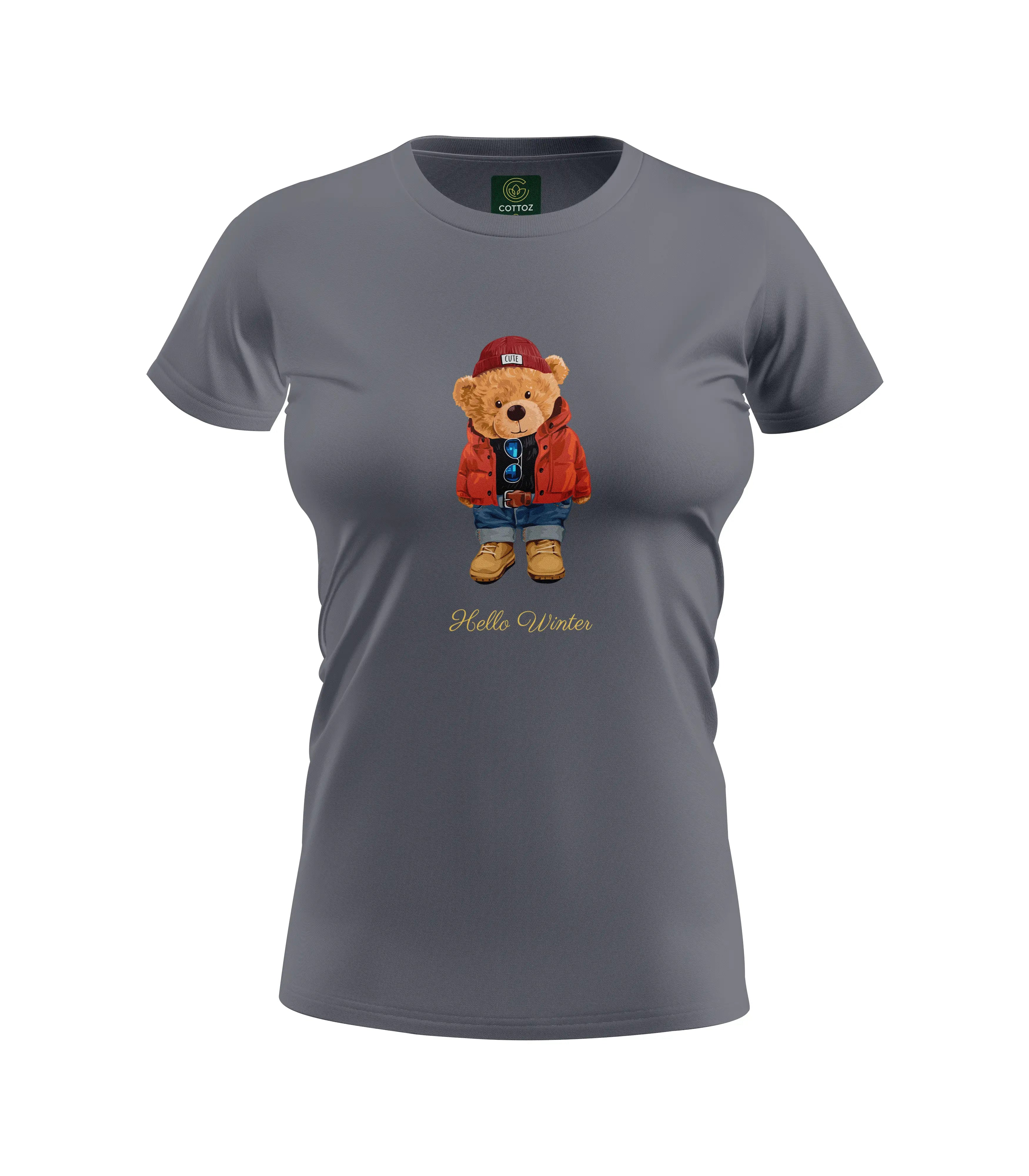 Gray t-shirt with a bear graphic and 'Hello World' text on a white background