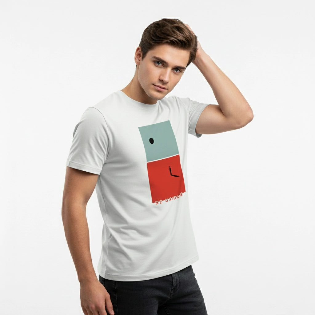 Man wearing a white t-shirt with a colorful graphic design on a plain background
