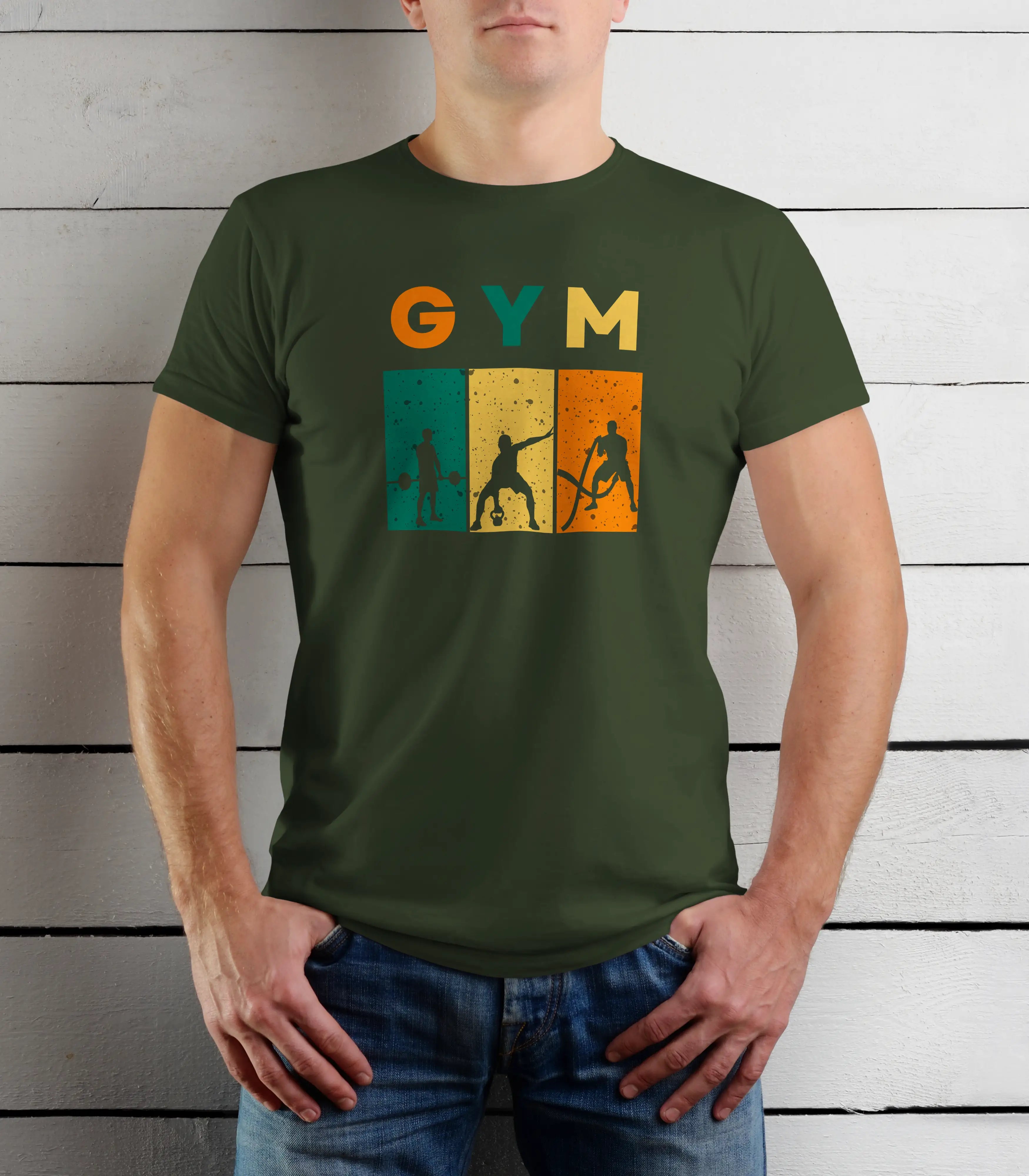 Person wearing a green t-shirt with 'GYM' and gym-themed graphics against a wooden background