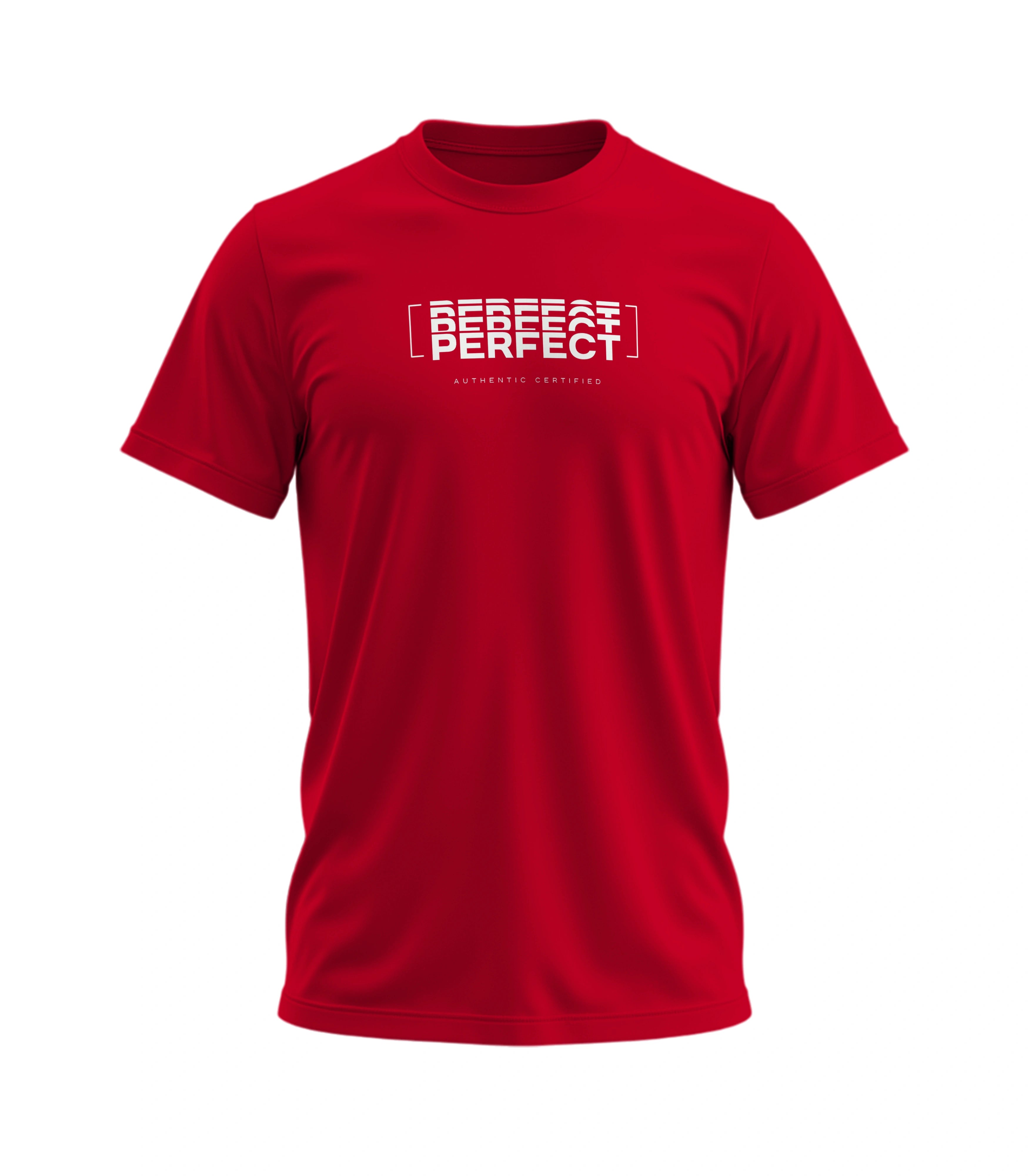 Red t-shirt with 'PERFECT' text on a white background