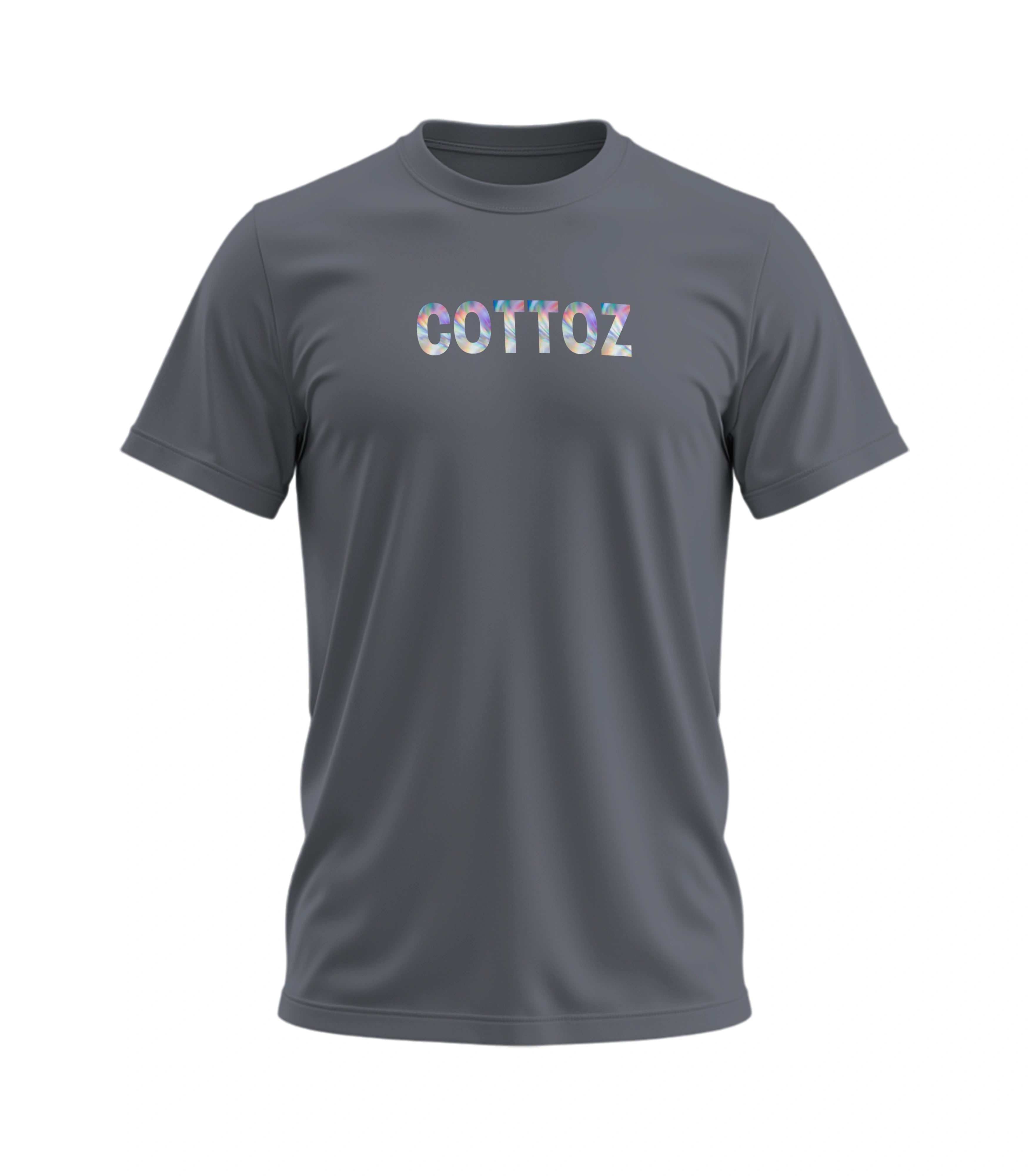 Gray t-shirt with 'COTTOZ' text on a white background