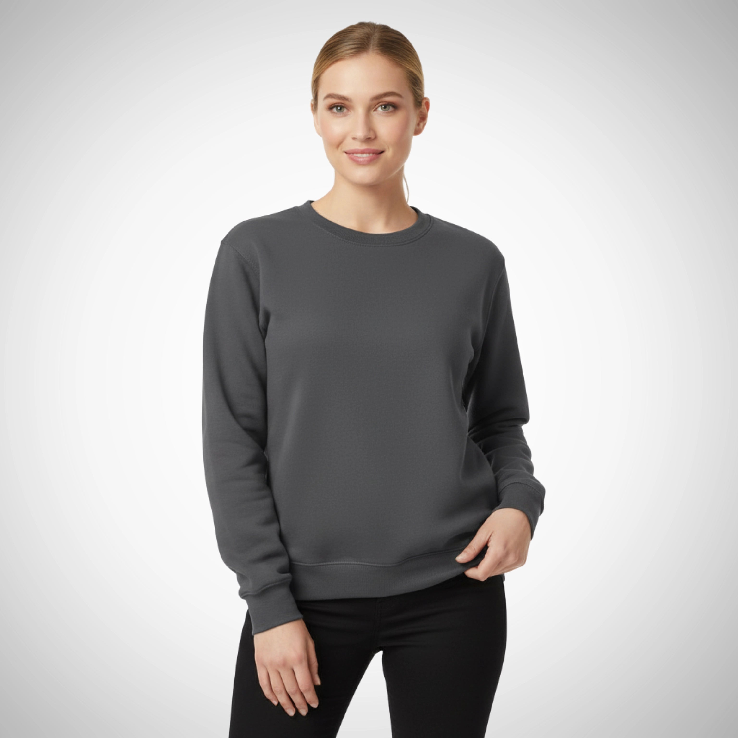 Woman wearing a gray sweatshirt on a white background