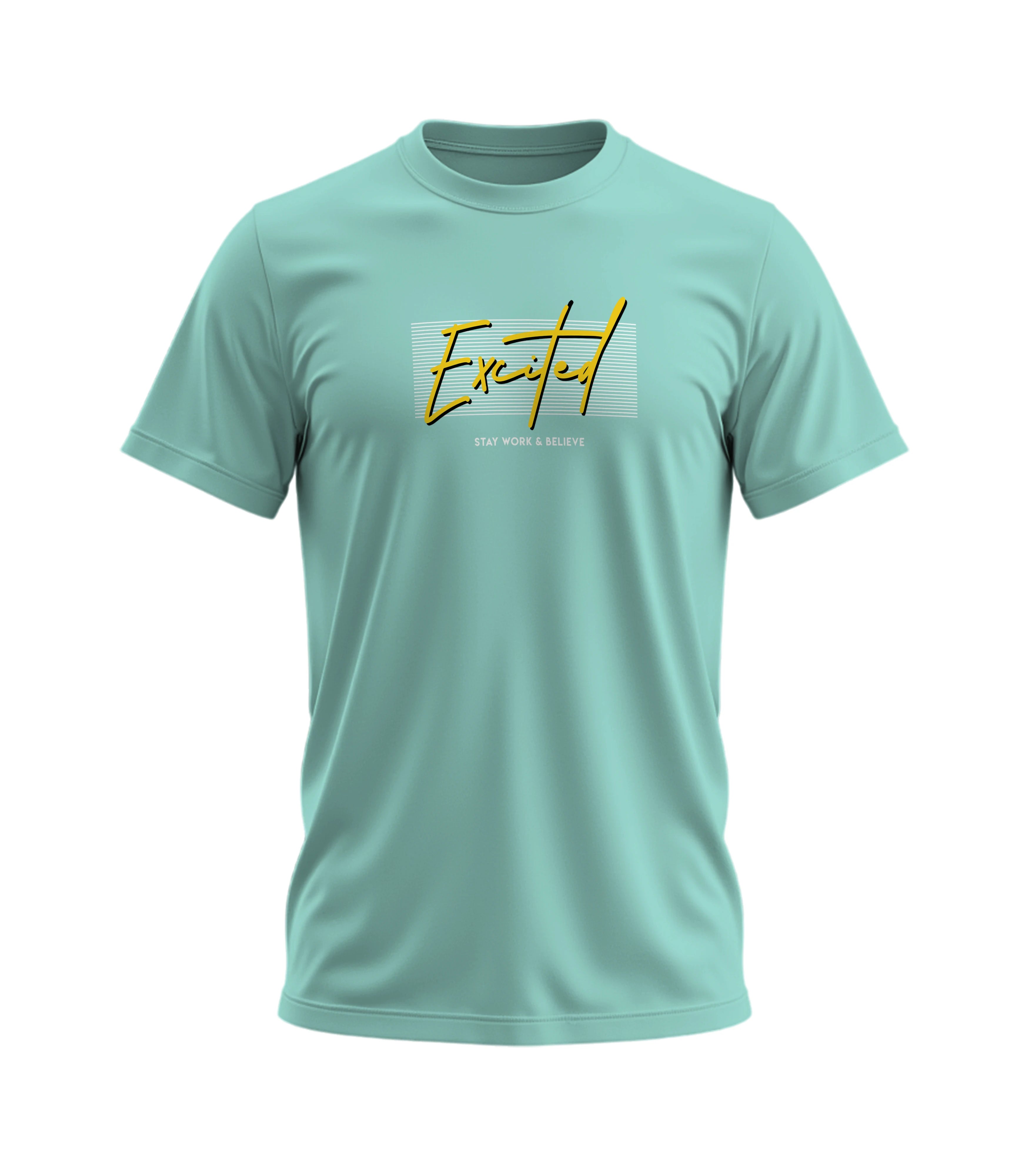 Light blue t-shirt with yellow text on a white background