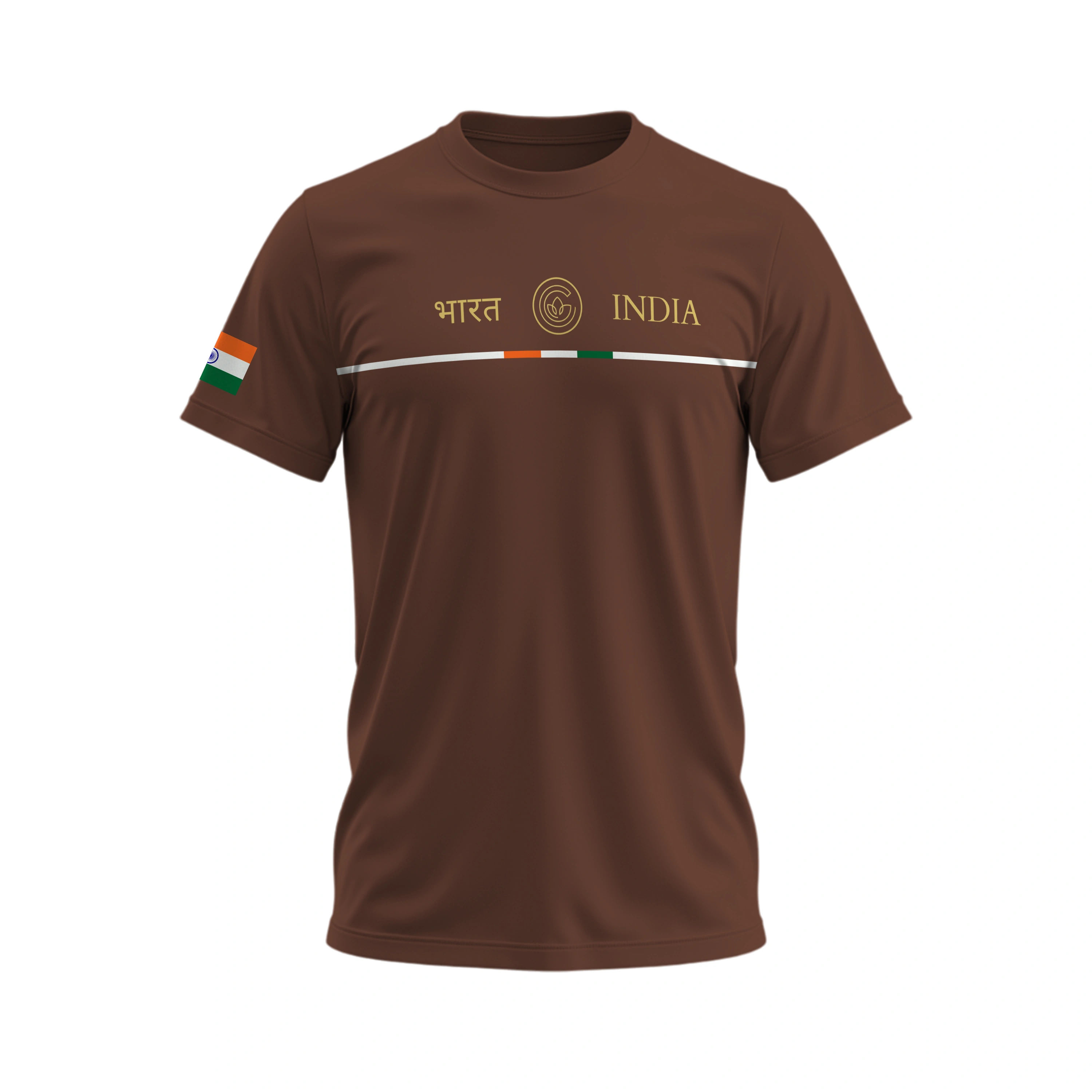 Brown t-shirt with 'INDIA' text and flag design on a white background