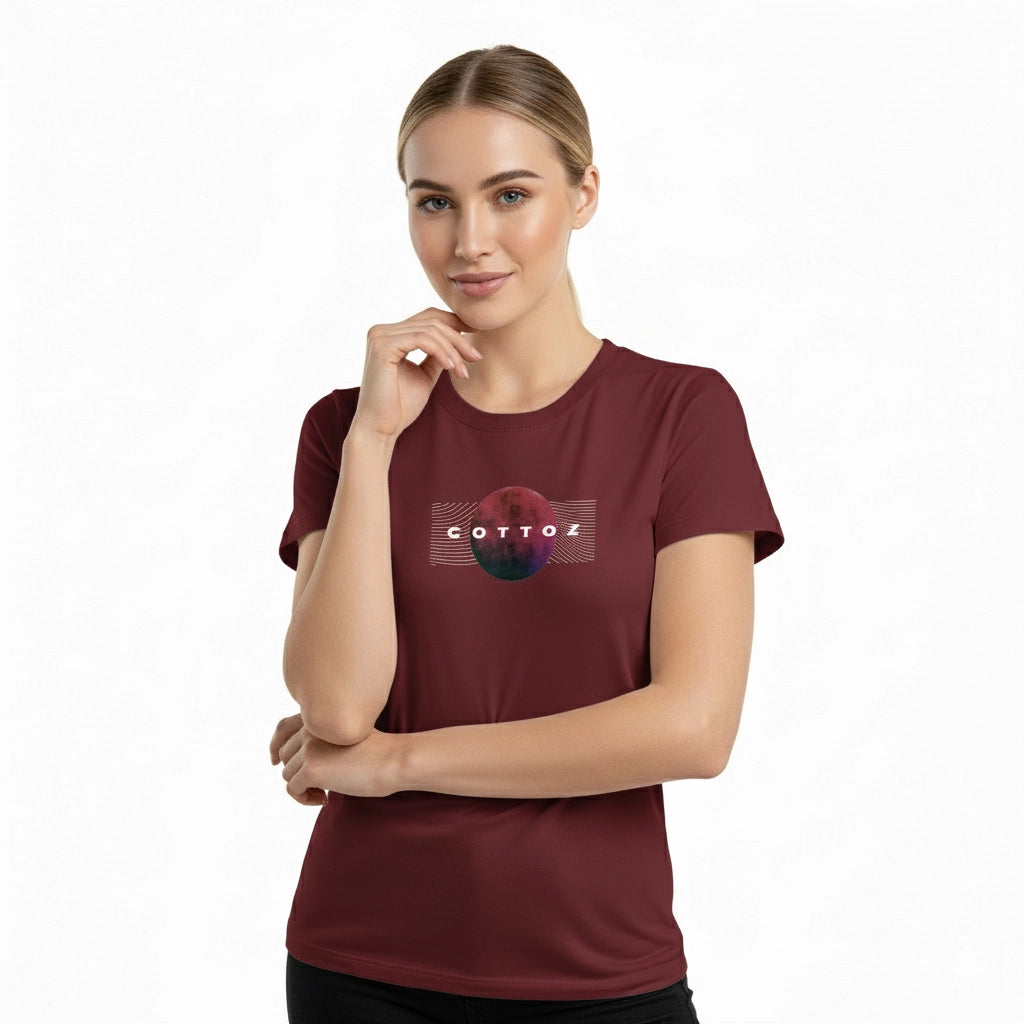 Woman wearing a maroon t-shirt with a logo on a white background