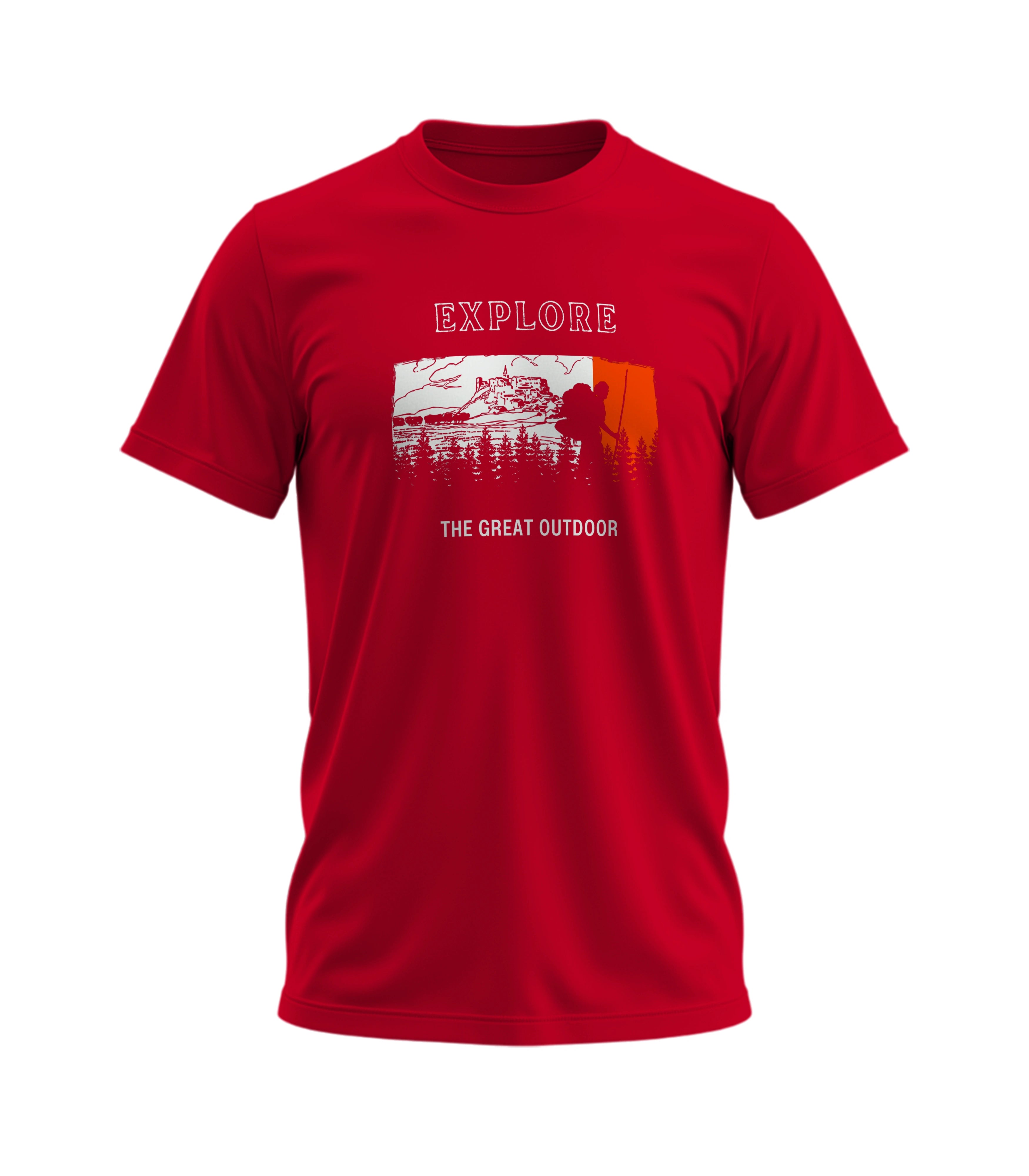 Red t-shirt with 'Explore The Great Outdoors' graphic on a white background