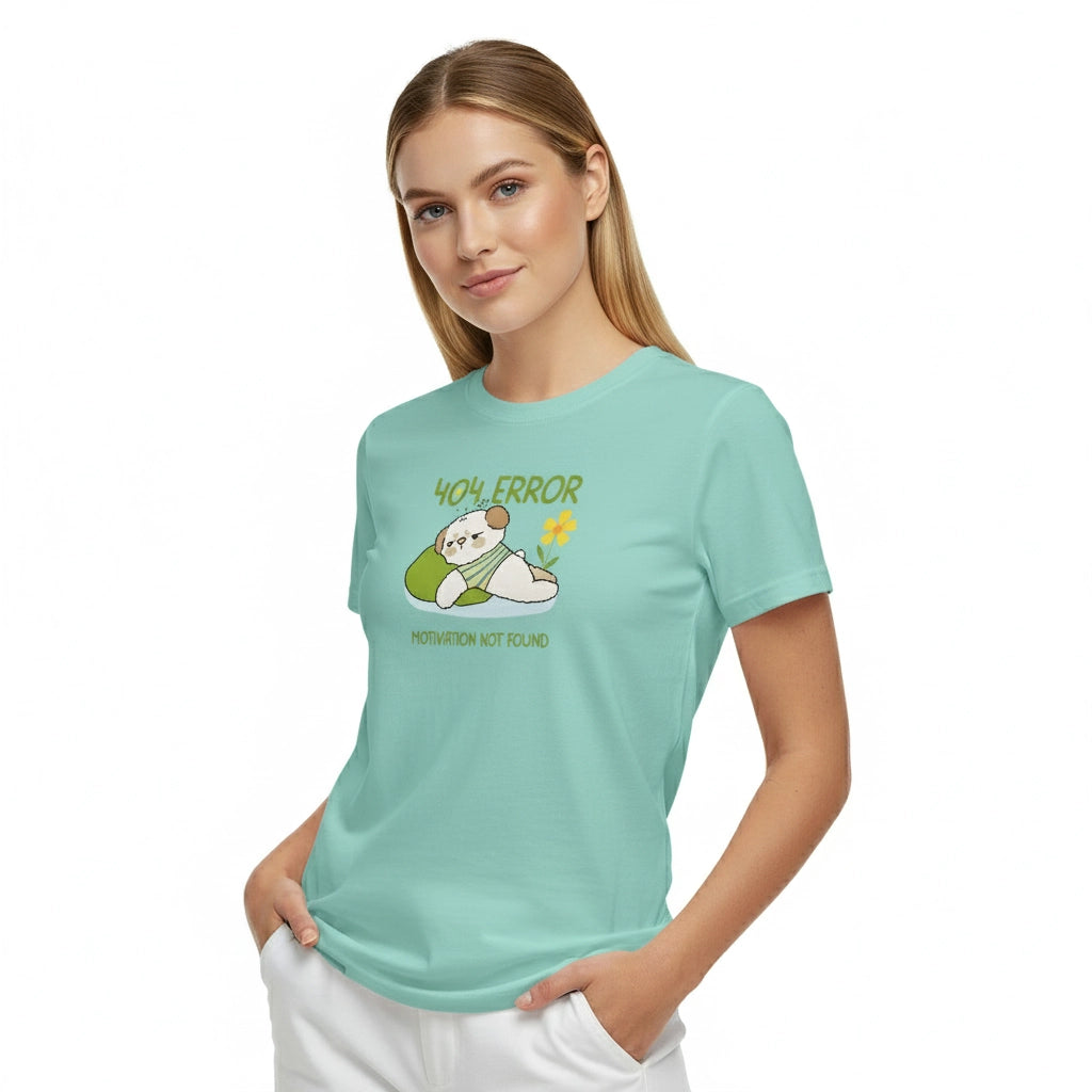 Woman wearing a light blue t-shirt with a graphic design on a white background