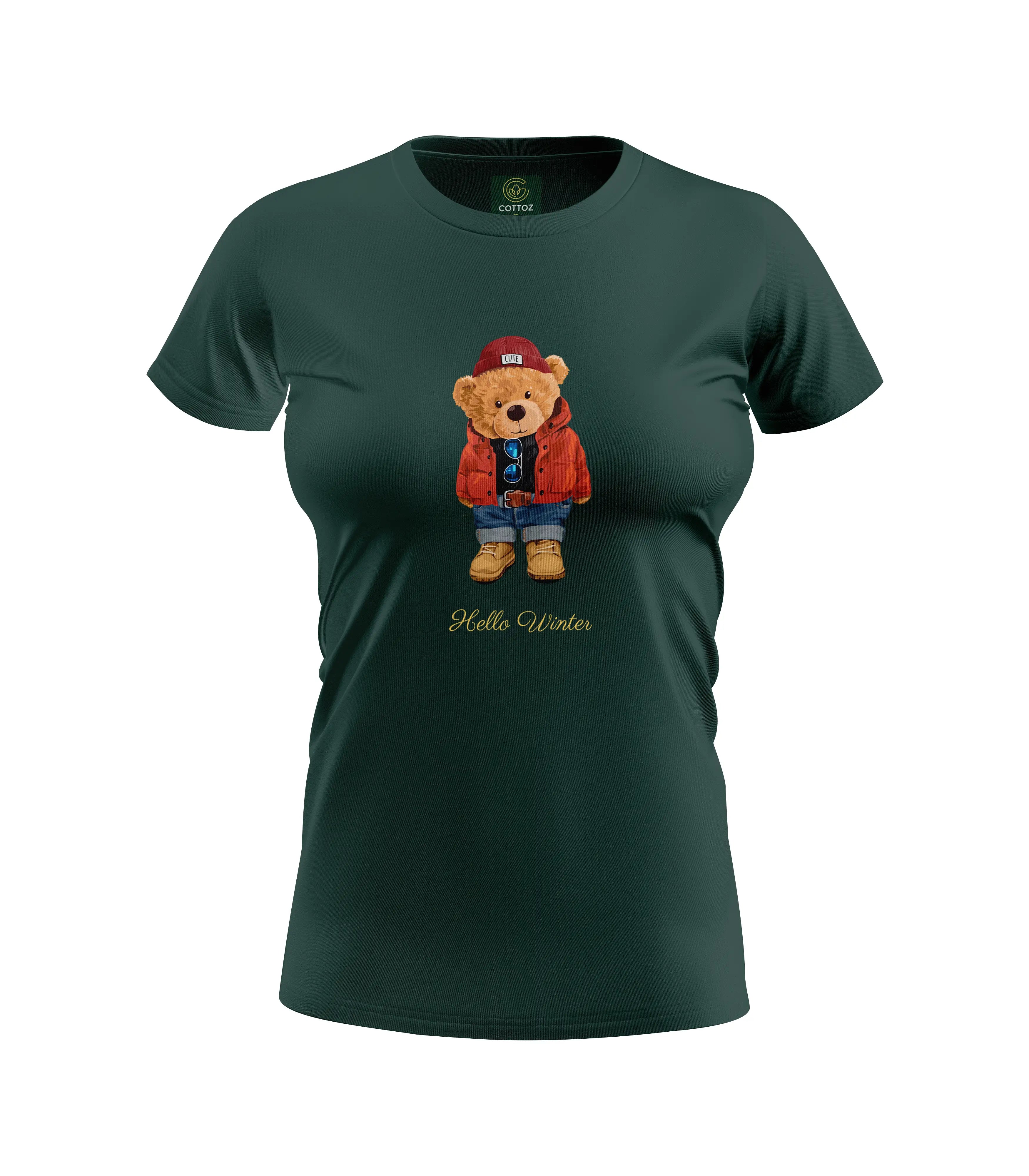 Green t-shirt with a bear graphic and 'Hello Winter' text on a white background
