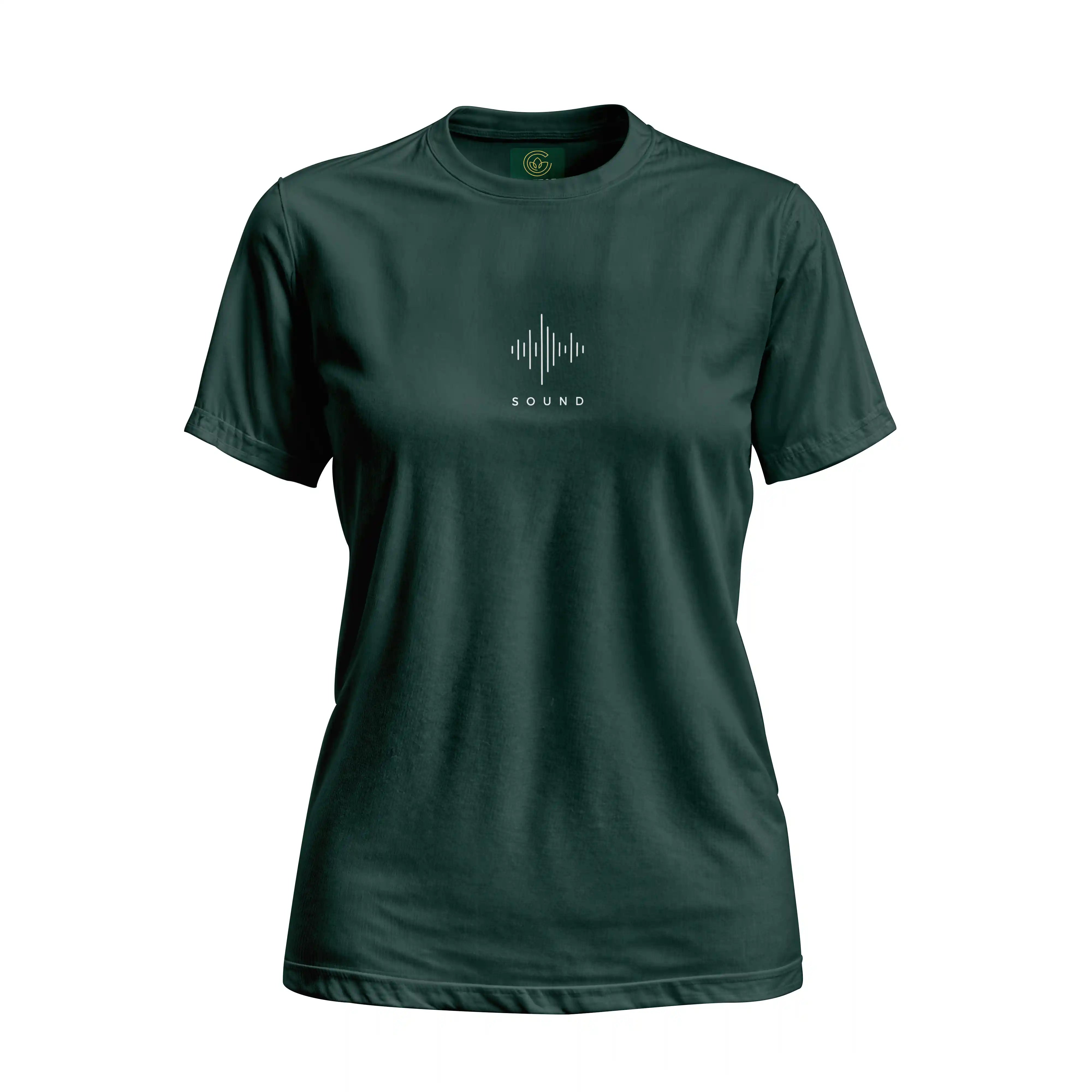 Green t-shirt with a sound wave design and 'SOUND' text on a white background