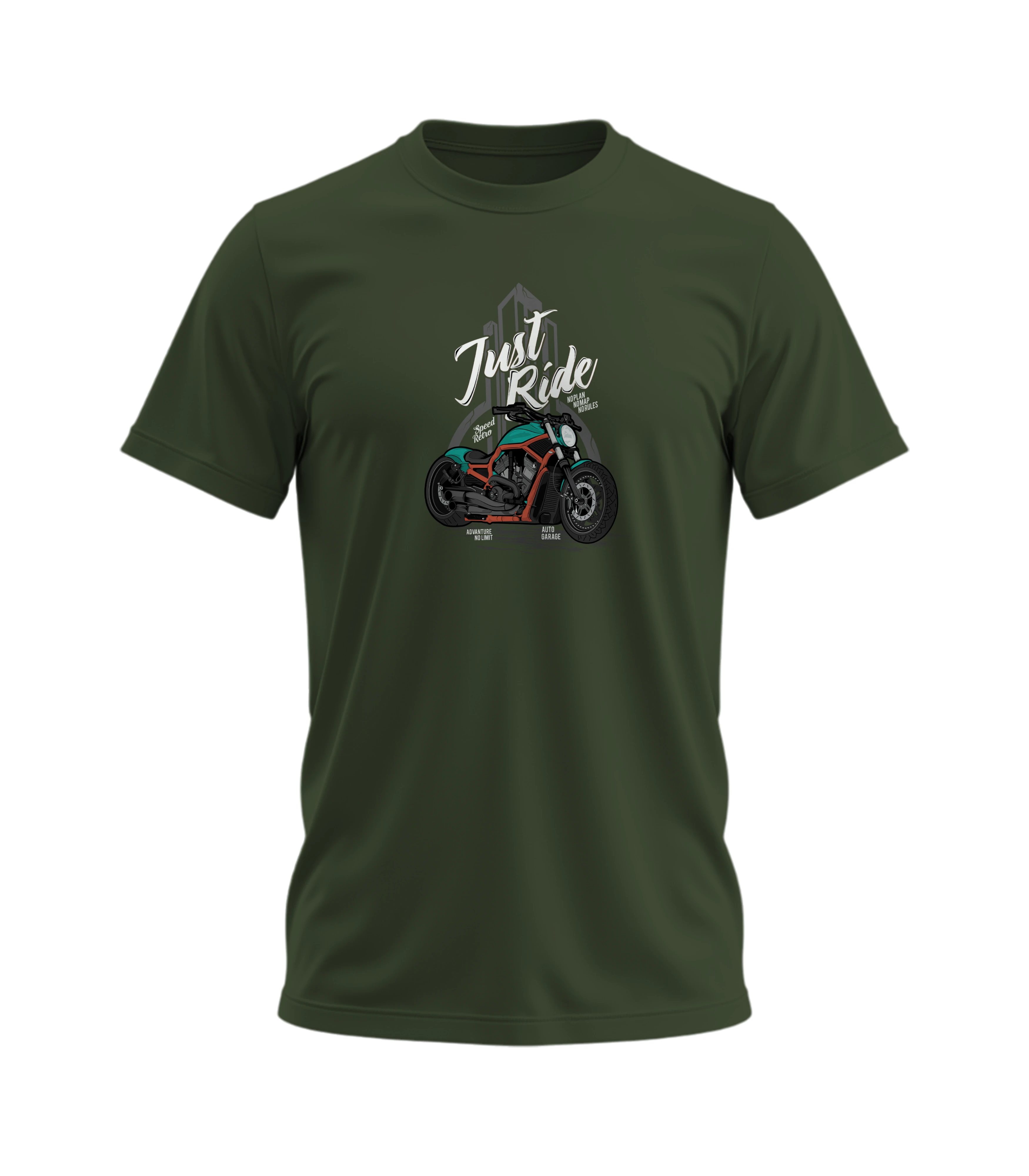 Green t-shirt with a graphic of a motorcycle and 'Just Ride' text on a white background