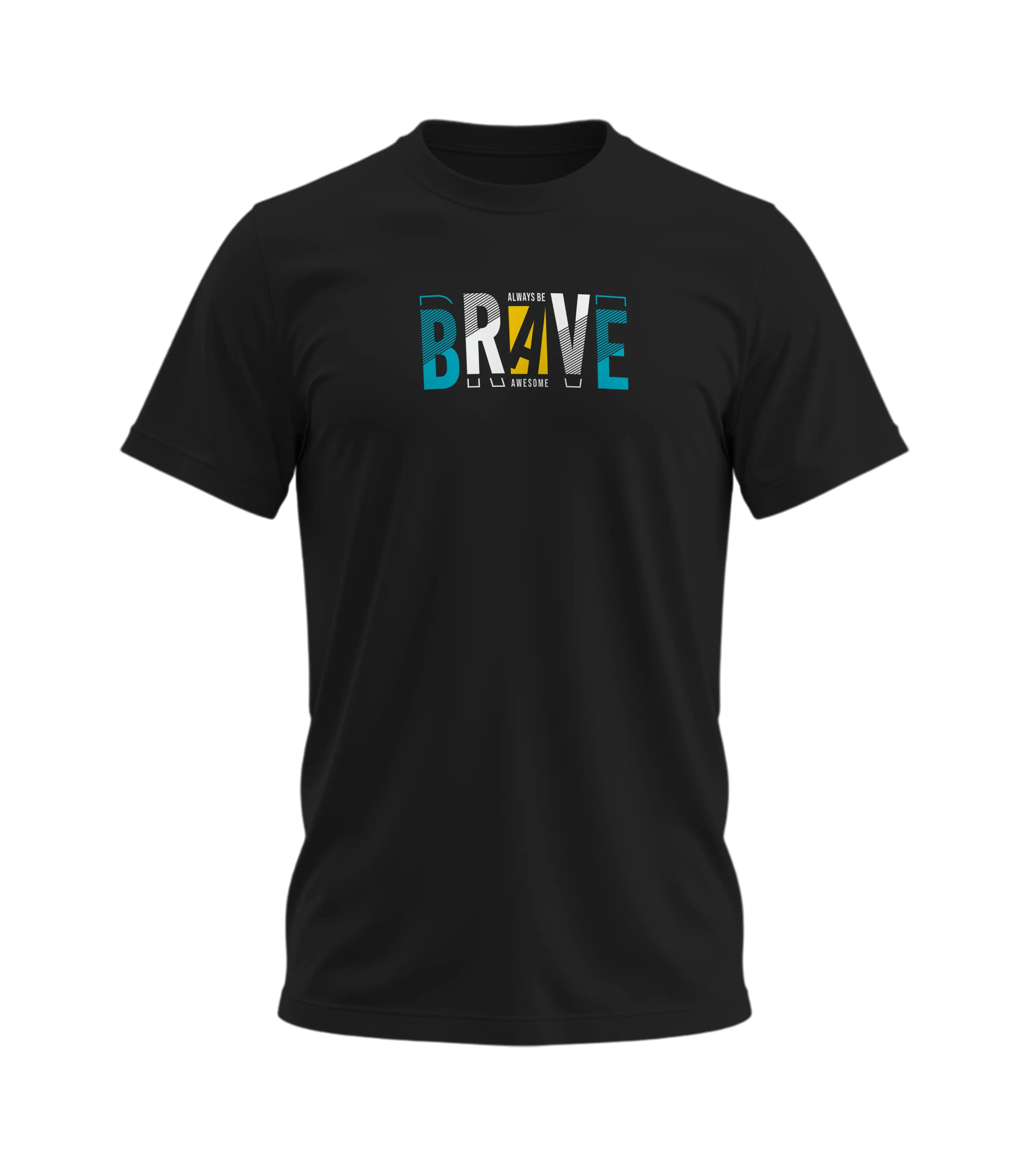 Black t-shirt with colorful 'BRAVE' text design on a white background