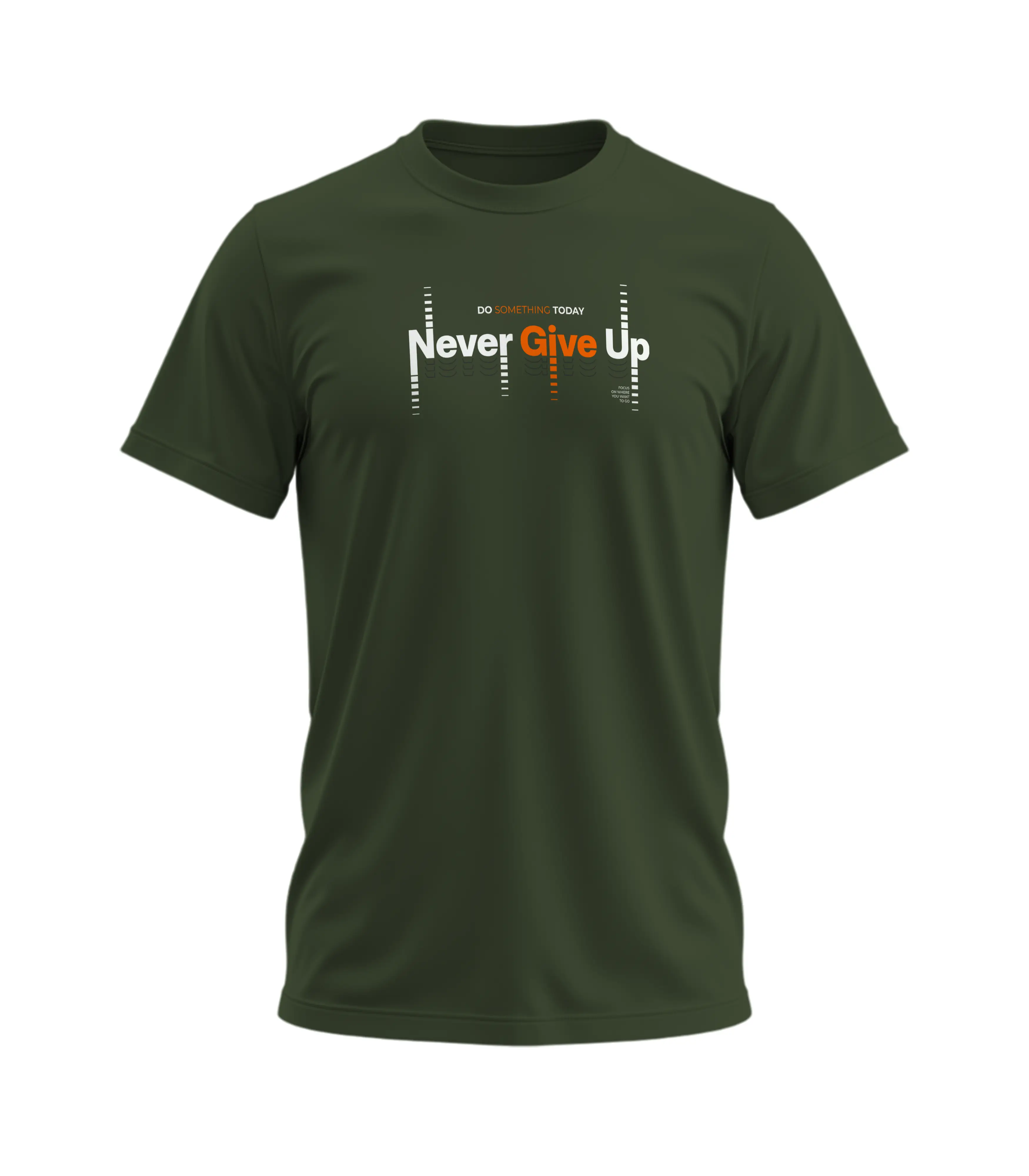 Green t-shirt with 'Never Give Up' text on a white background