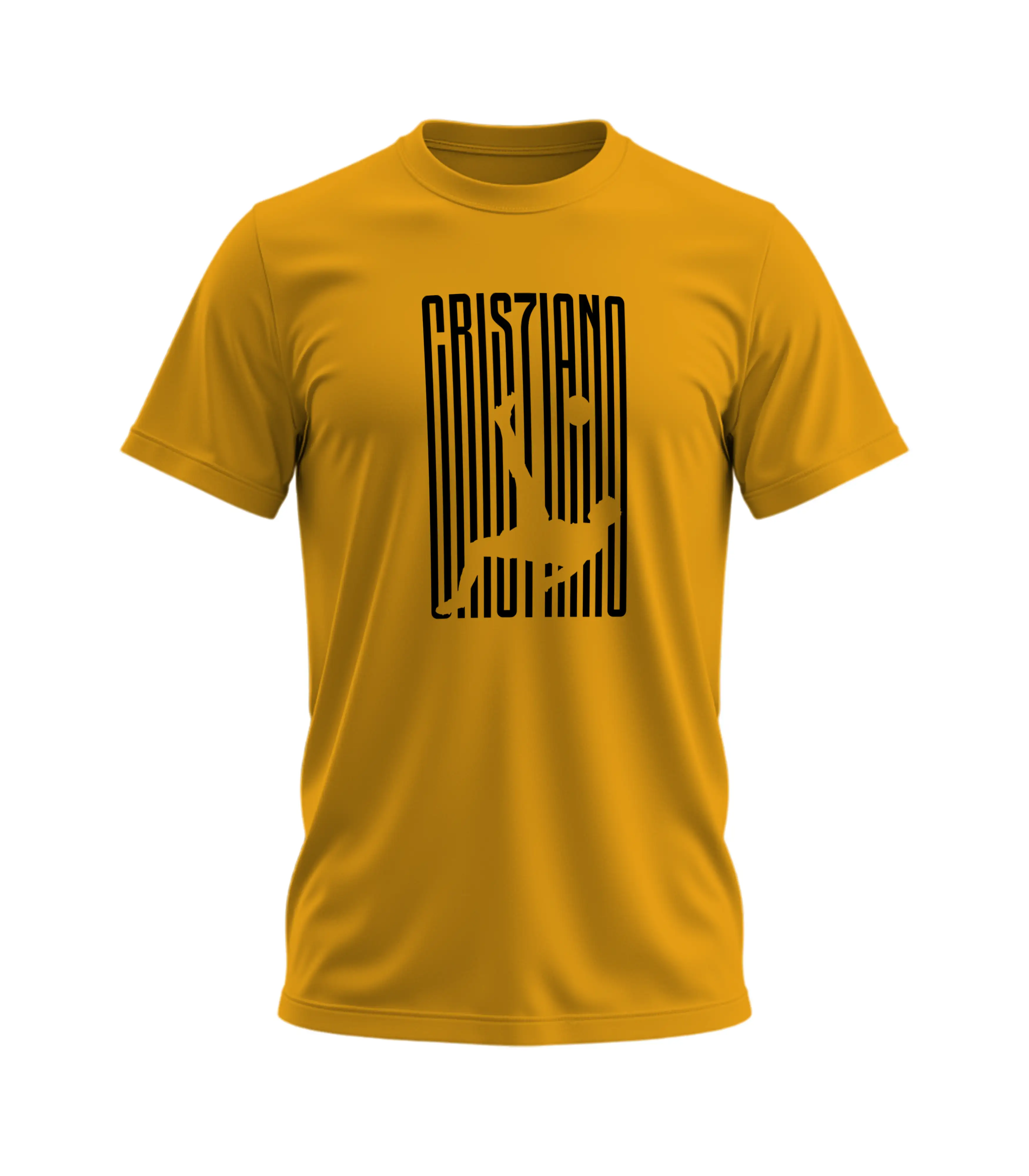 Yellow t-shirt with black graphic design on a white background