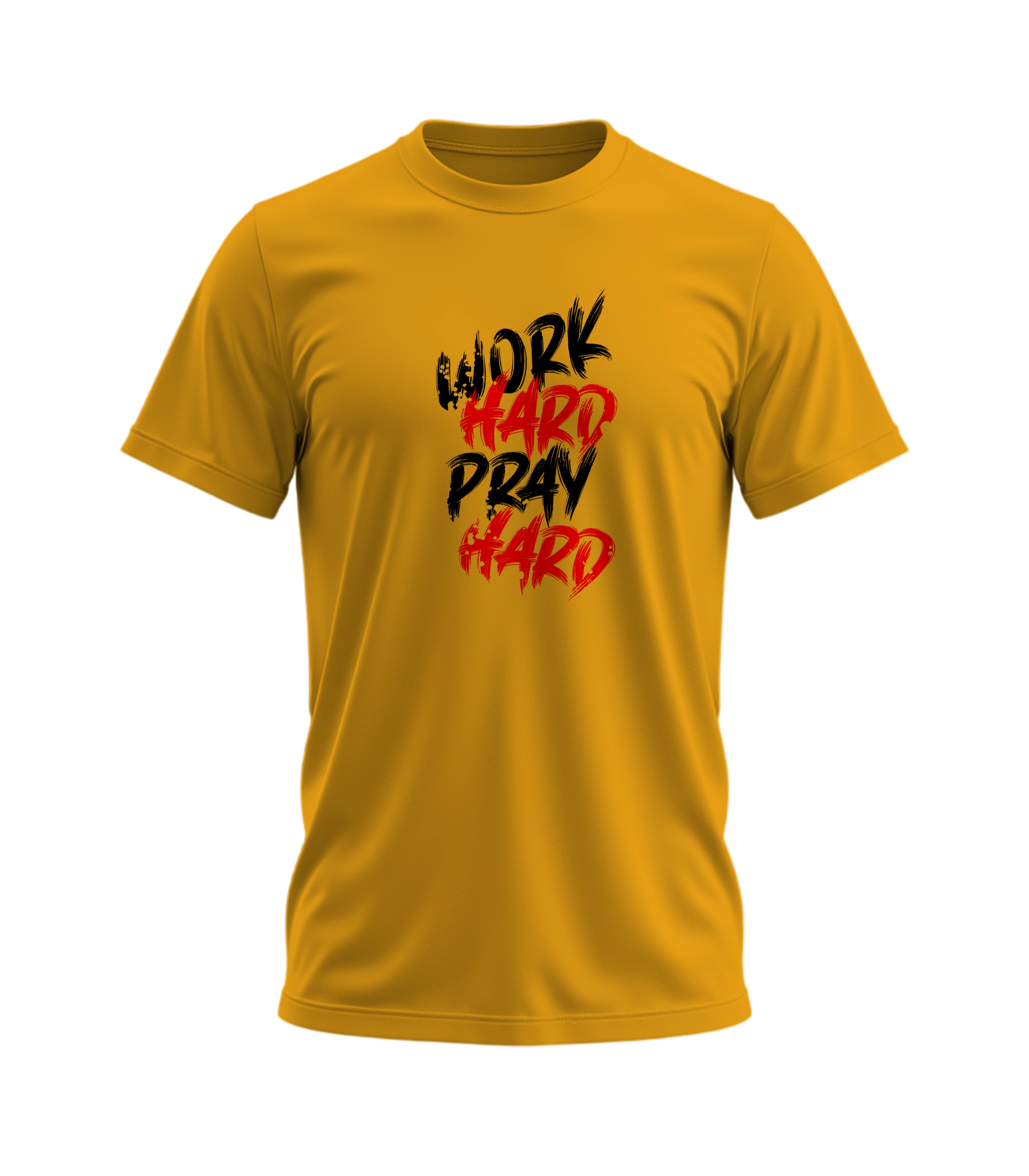 Yellow t-shirt with 'Work Hard Pray Hard' text on a white background