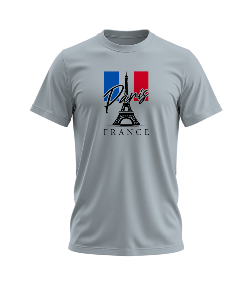 Gray t-shirt with Paris and France design on a white background
